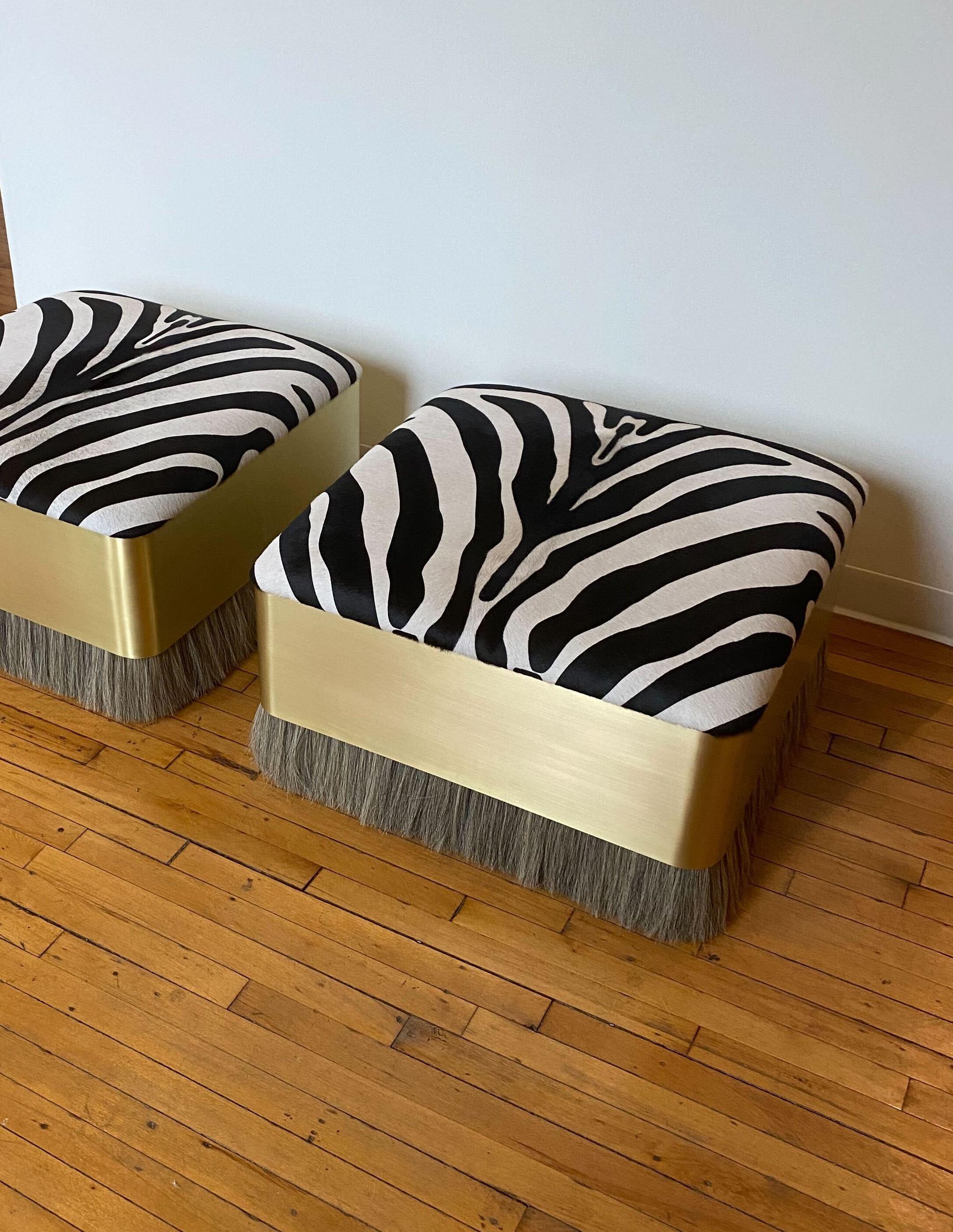 American Konekt Thing 4 Square Ottoman with Antique Brass, Horse Hair and Velvet For Sale