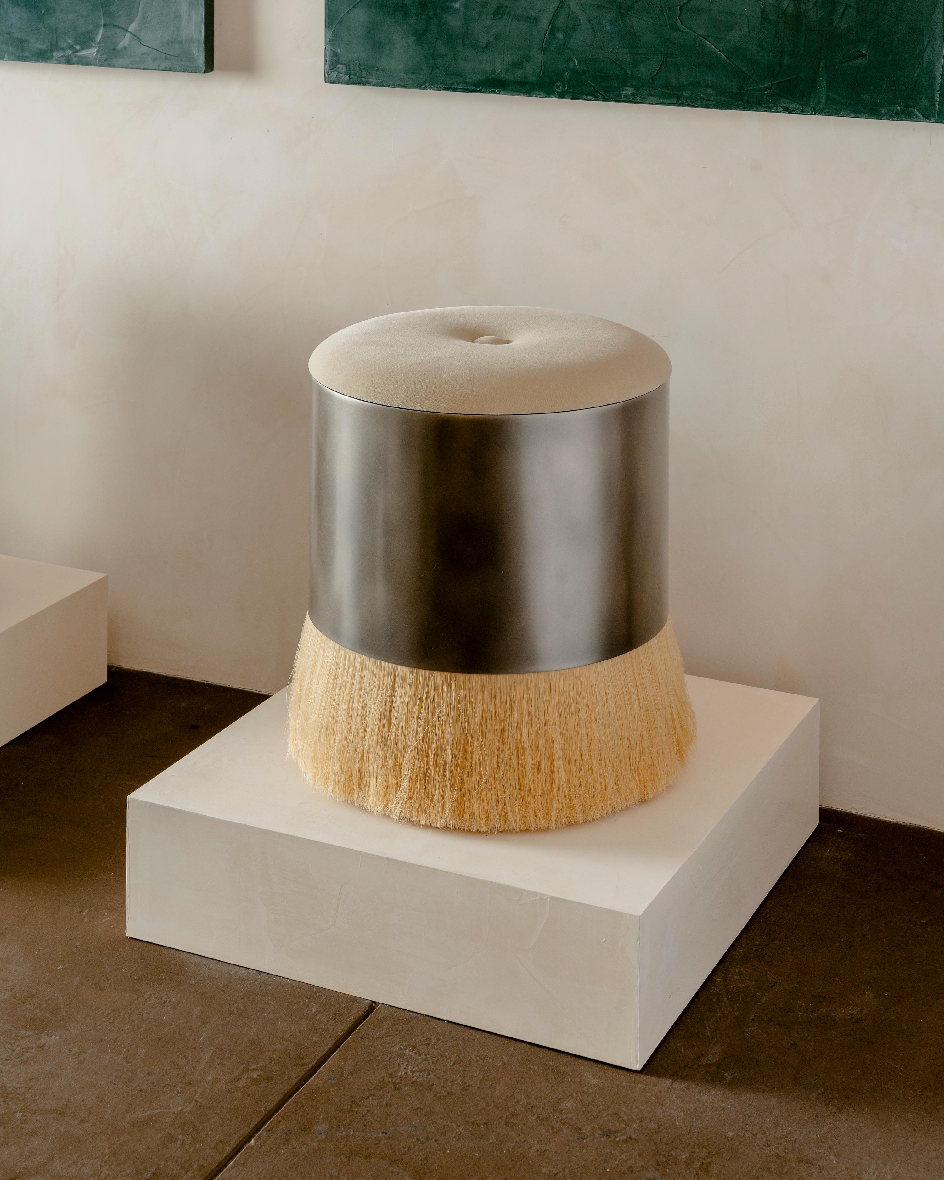 The Thing 4 features a luxuriously upholstered top, metal drum and horse hair. Refined yet wild, Konekt's signature Thing Stools are available in four different styles. 

The Thing 4 is available on a made to order basis with your choice of metal