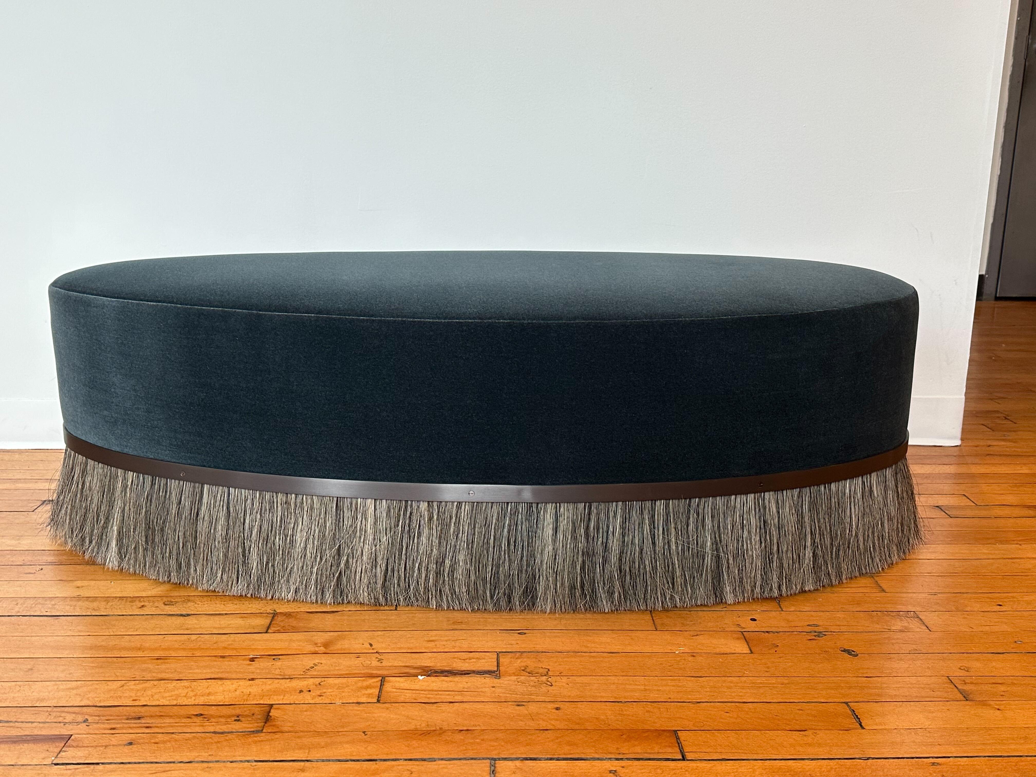 Brass Konekt Thing Ottoman Oval in Oil-Rubbed Bronze, Horse Hair and Velvet For Sale