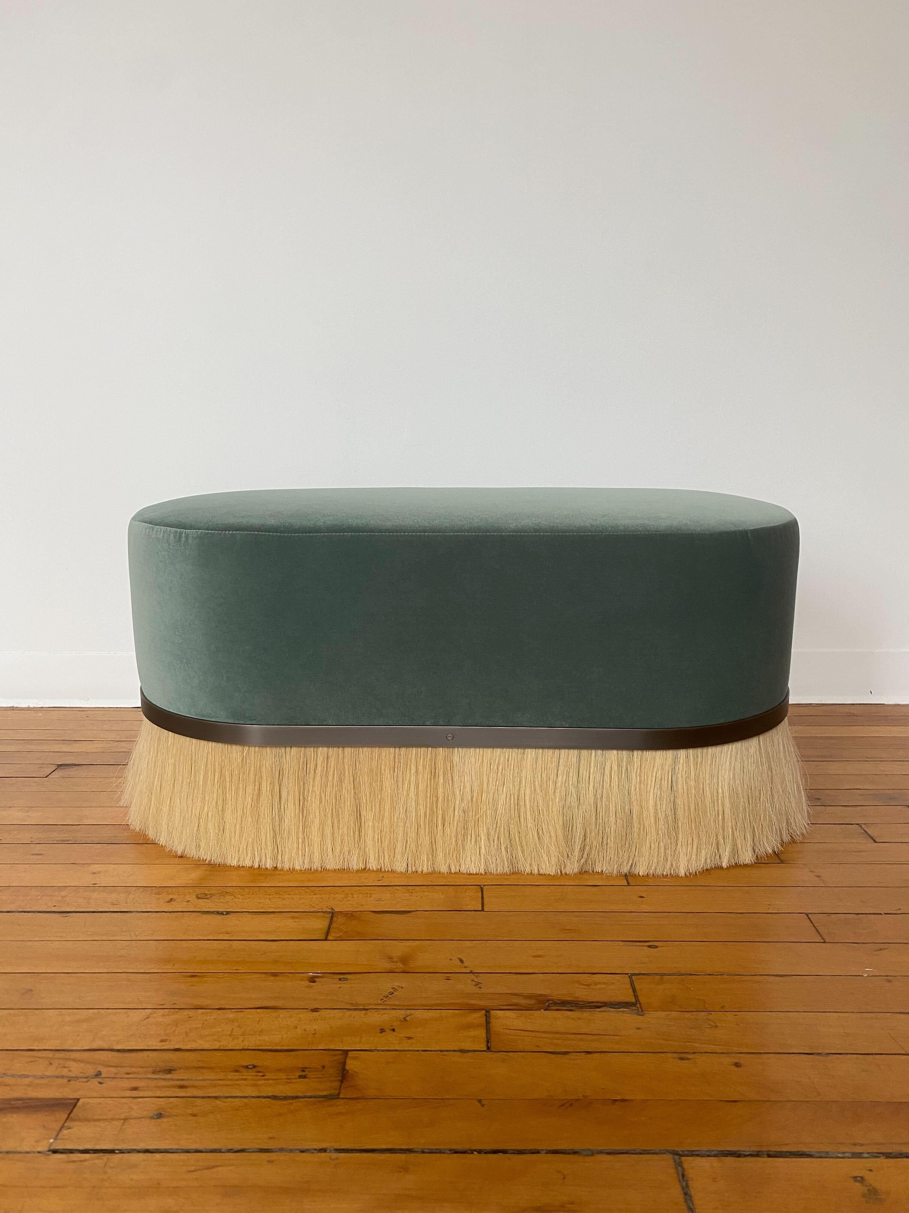 Brass Konekt Thing Ottoman Pill in Satin Black with Horse Hair and Velvet For Sale