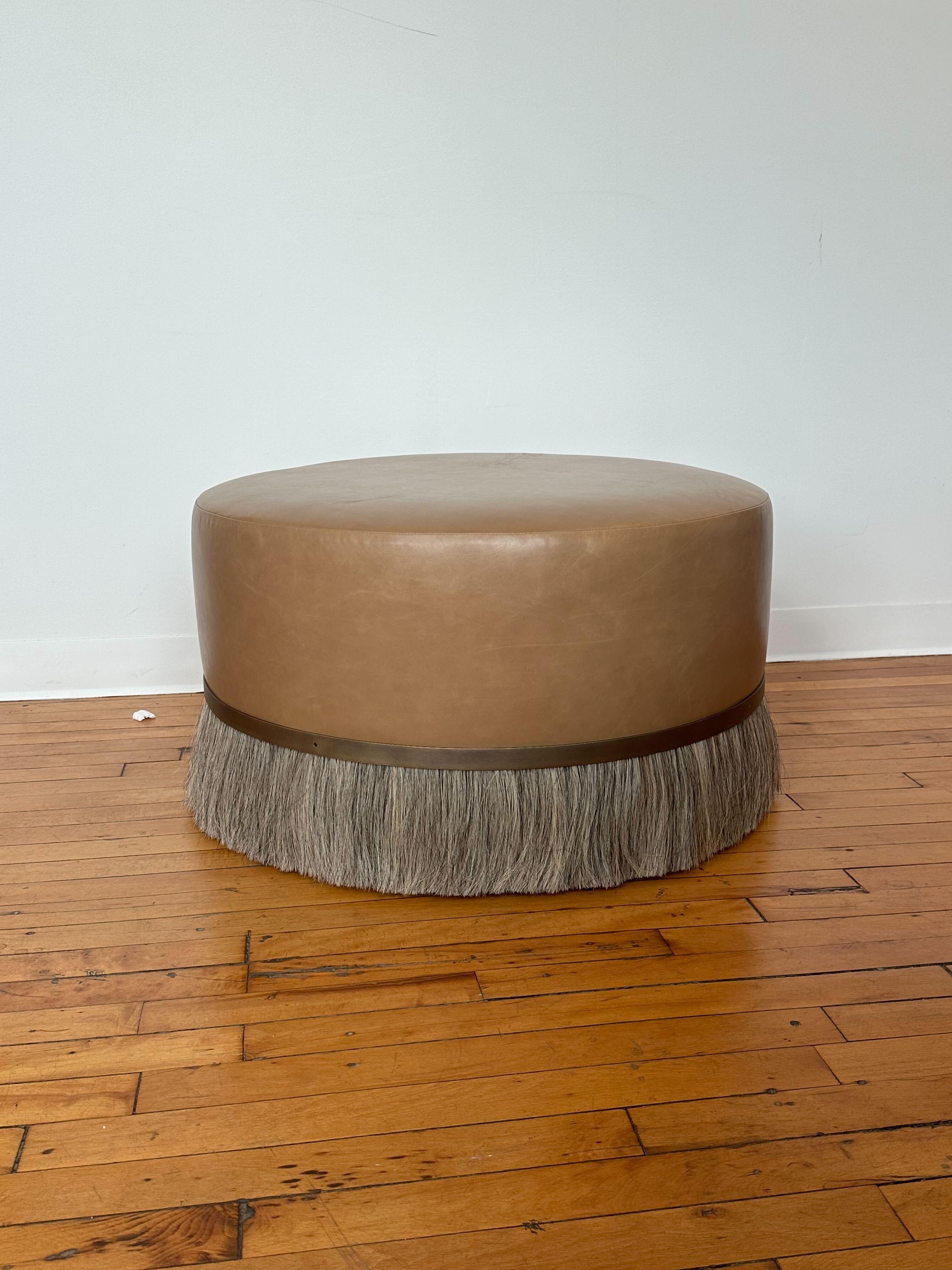 Contemporary Konekt Thing Ottoman Round with Polished Brass, Horse Hair, and Velvet For Sale