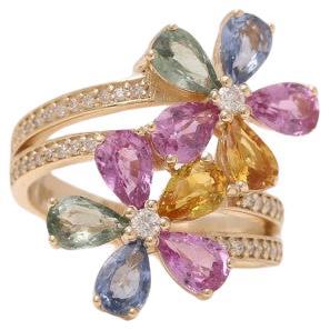 3.45ct Rainbow Flower Sapphire And Diamond Ring For Sale