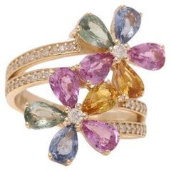 Ring mit 3,45 Karat Regenbogenblumen-Saphir und Diamant