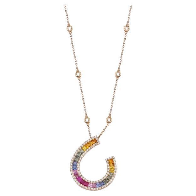Halskette mit 4,25 Karat Ombre Regenbogen Saphir und Diamant
