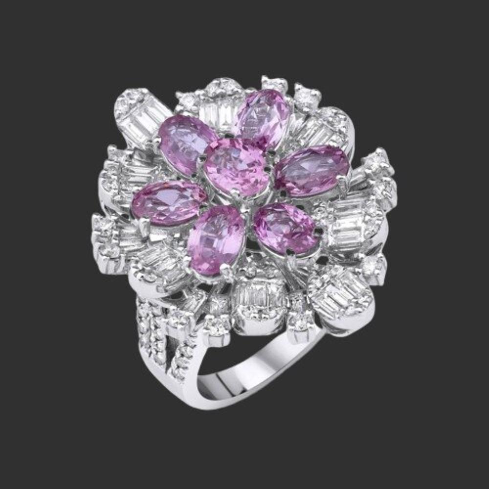 Modern 4.83ct Pink Sapphire And Diamond Statement Ring For Sale