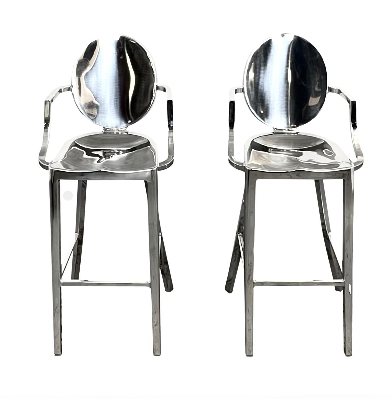 Kong Bar Stool with Arms, Hand-polished, by Philippe Starck for Emeco, 2003.

A timeless piece, built for lifetimes of use, to be kept, cherished and passed on for generations. Made to order. Built by hand from recycled aluminum in Hanover,