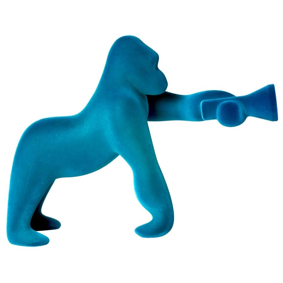 Kong XS, Gorilla Turquoise Blue Velvet Table Lamp by Stefano Giovannoni