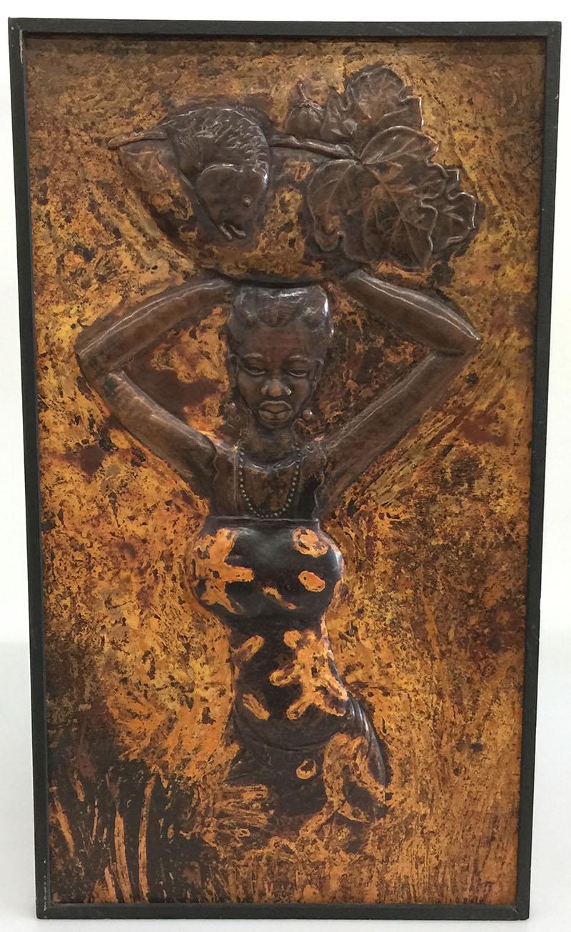 Congolese African Art by Kongolo Relief in Brass, 1979 For Sale