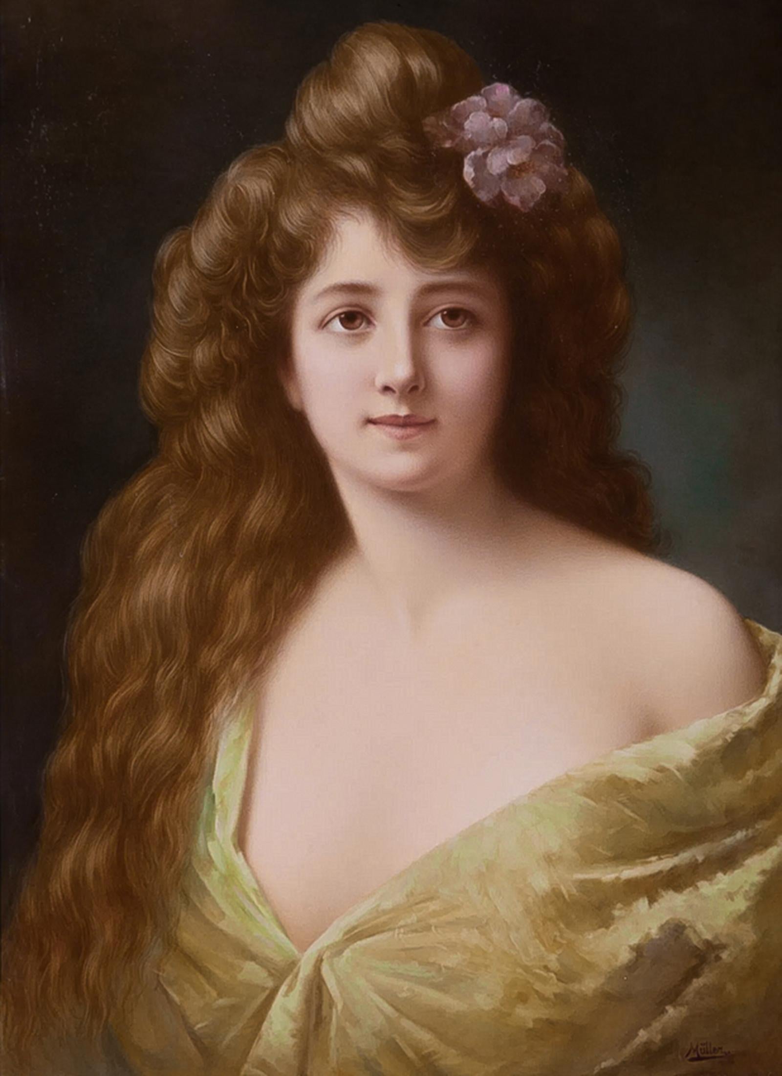 A monumental KPM Porcelain Portrait Plaque after Angelo Asti: Lebensfreude (Joy of Life) 

Origin: Germany

circa 1900

Signed: Müller

Marks: (scepter) KPM, S, 538 387

21.13 x 15.5