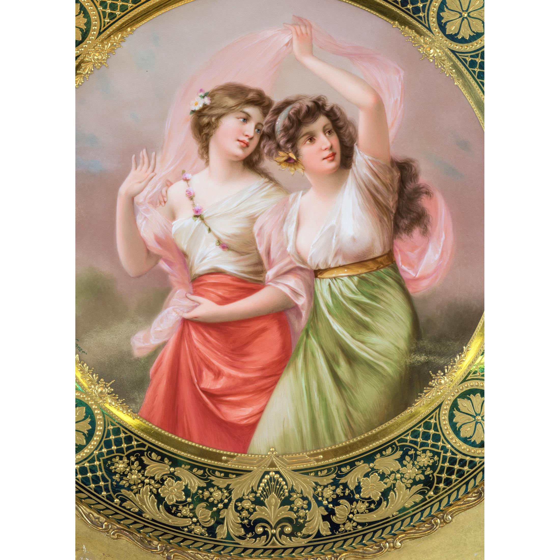 A K.P.M. Round Porcelain Plaque Depicting Two Beauties  - Brown Figurative Painting by Königliche Porzellan-Manufaktur (KPM)