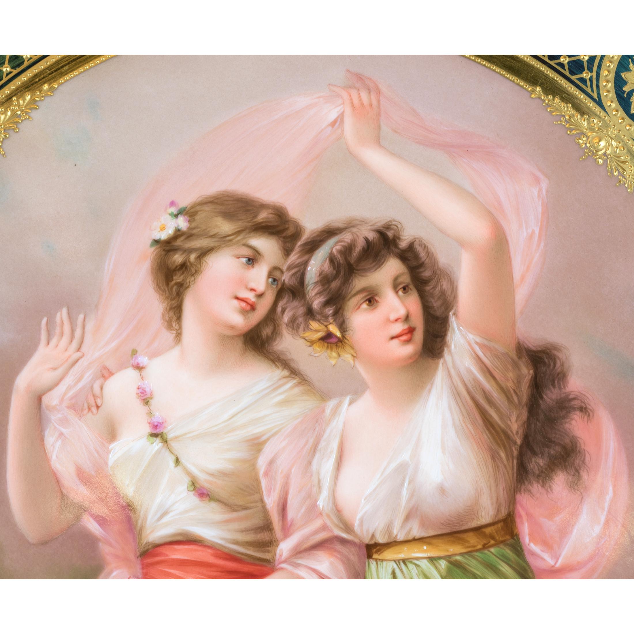 A rare and exquisite Berlin painted round porcelain plaque of two young beauties, impressed K.P.M., sceptre mark; signed Wagner.

Painter: Wagner 

Maker: K.P.M.

Origin: German
Date: Late 19th century
Dimension: 14 inches in diameter