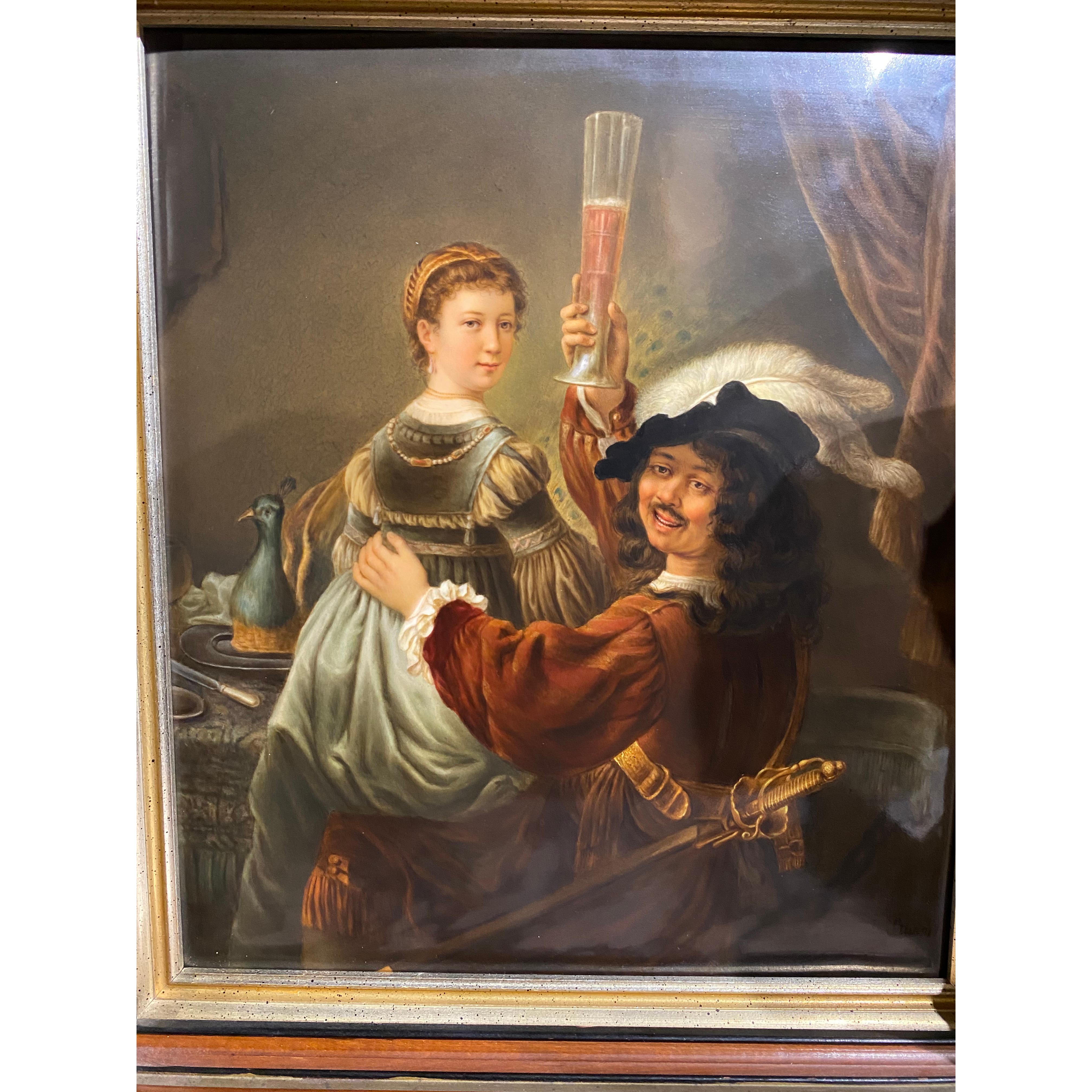 Finely painted after Rembrandt with a self-portrait of the artist and his spouse, Saskia, in a tavern, in the guise of the Prodigal Son

LATE 19TH CENTURY, IMPRESSED MONOGRAM AND SCEPTRE MARK AND H, INCISED 15-13, SIGNED L. STURM

Origin: