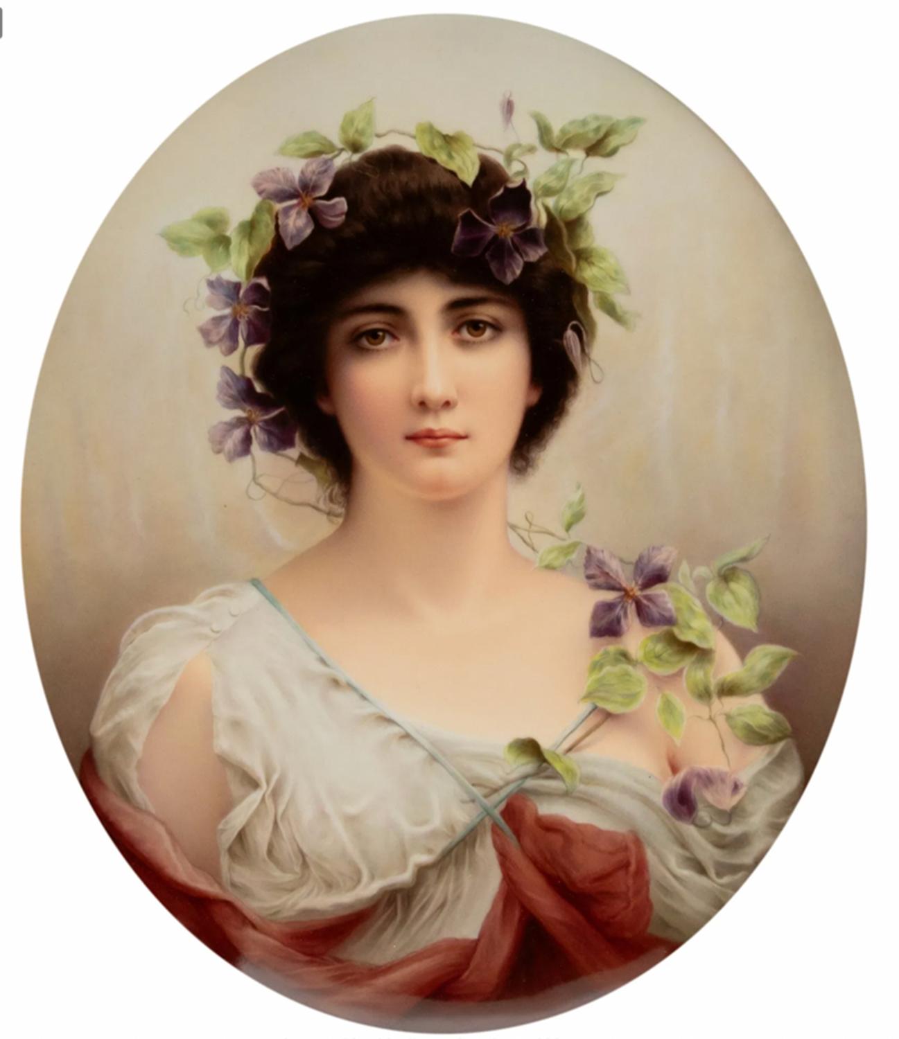 A Large KPM Porcelain Portrait Plaque after Sir Hurbert von Herkomer's Clematis - Painting by Königliche Porzellan-Manufaktur (KPM)