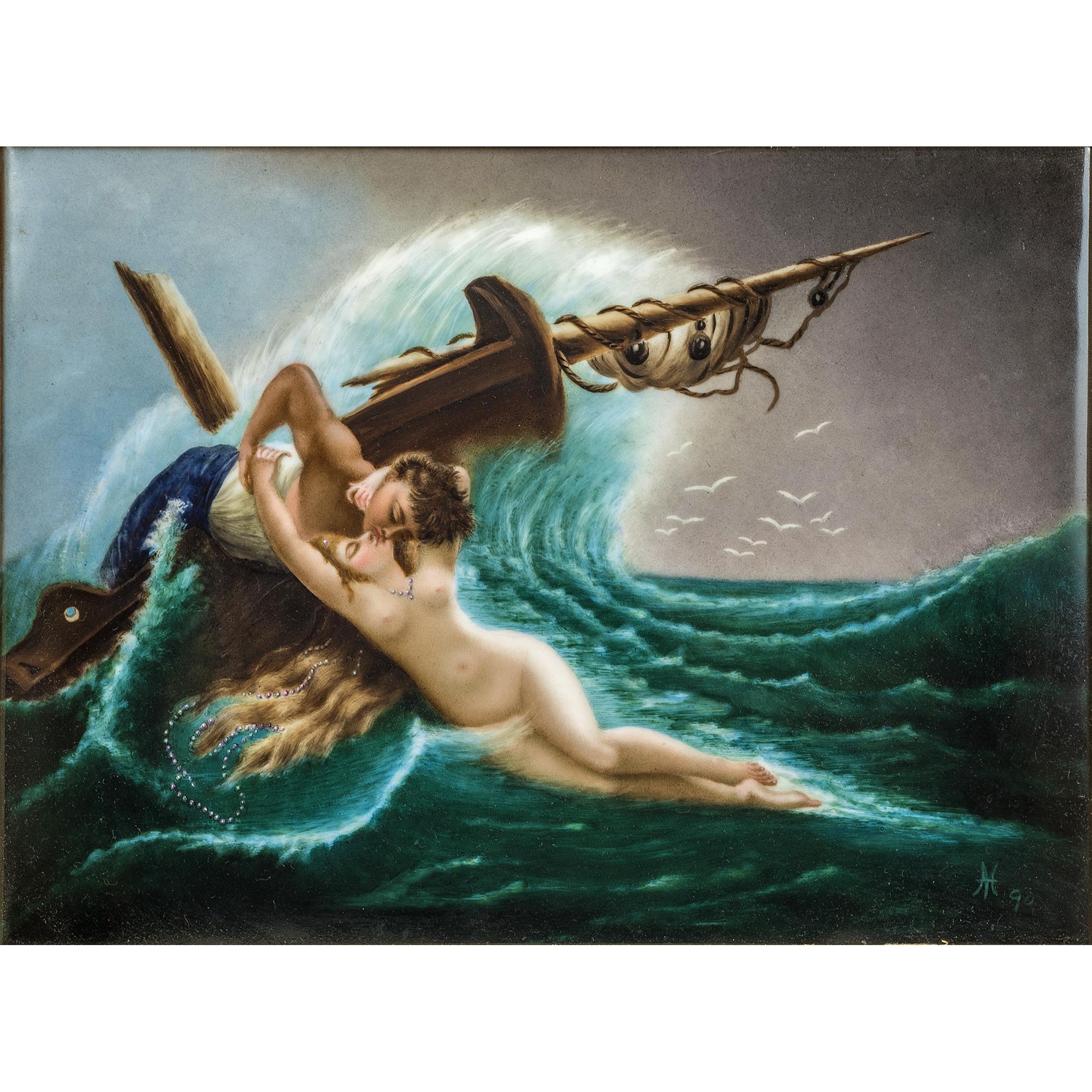 Berlin K.P.M. Porcelain Plaque Depicting a Sailor Kissing a Nude Siren - Painting by Königliche Porzellan-Manufaktur (KPM)