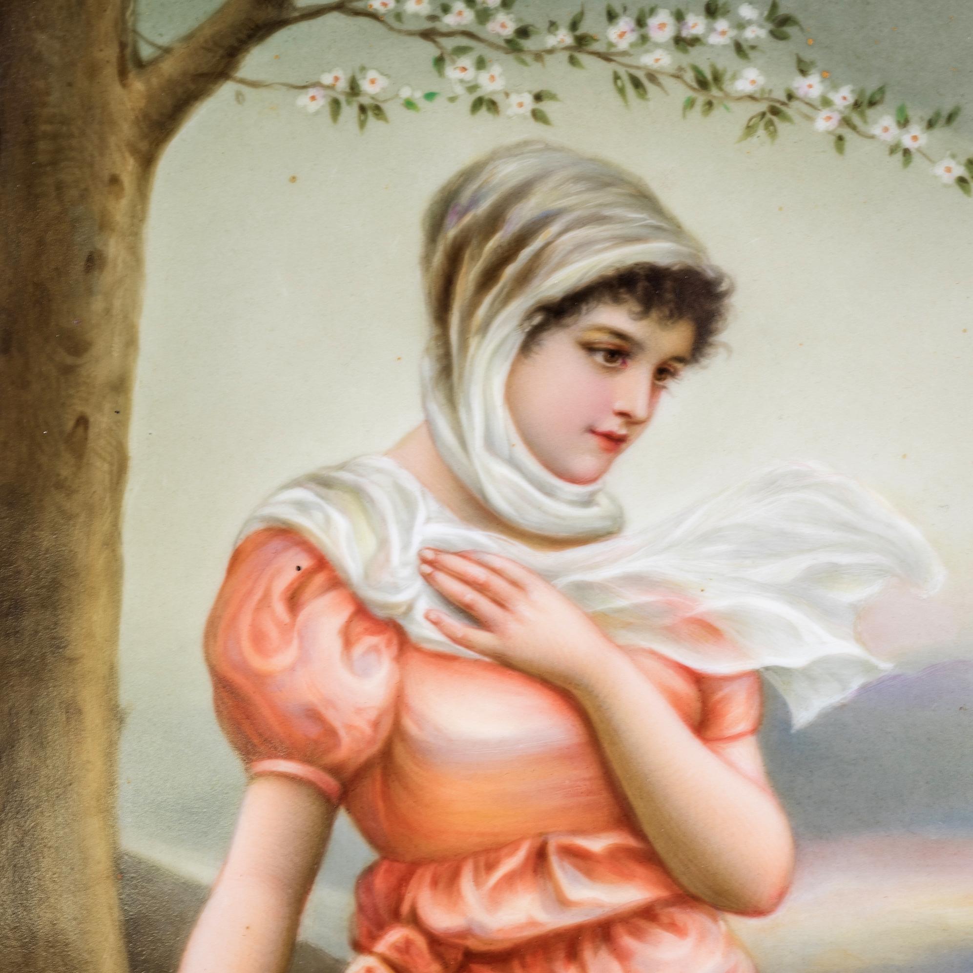 An exquisite Berlin painted rectangular porcelain plaque of a wistful young beauty, standing beside a fence in a landscape, in the manner of Baron Bodenhausen.

Maker: K.P.M.
Origin: German
Date: Late 19th century
Dimension: 16 in x 10 3/8 in