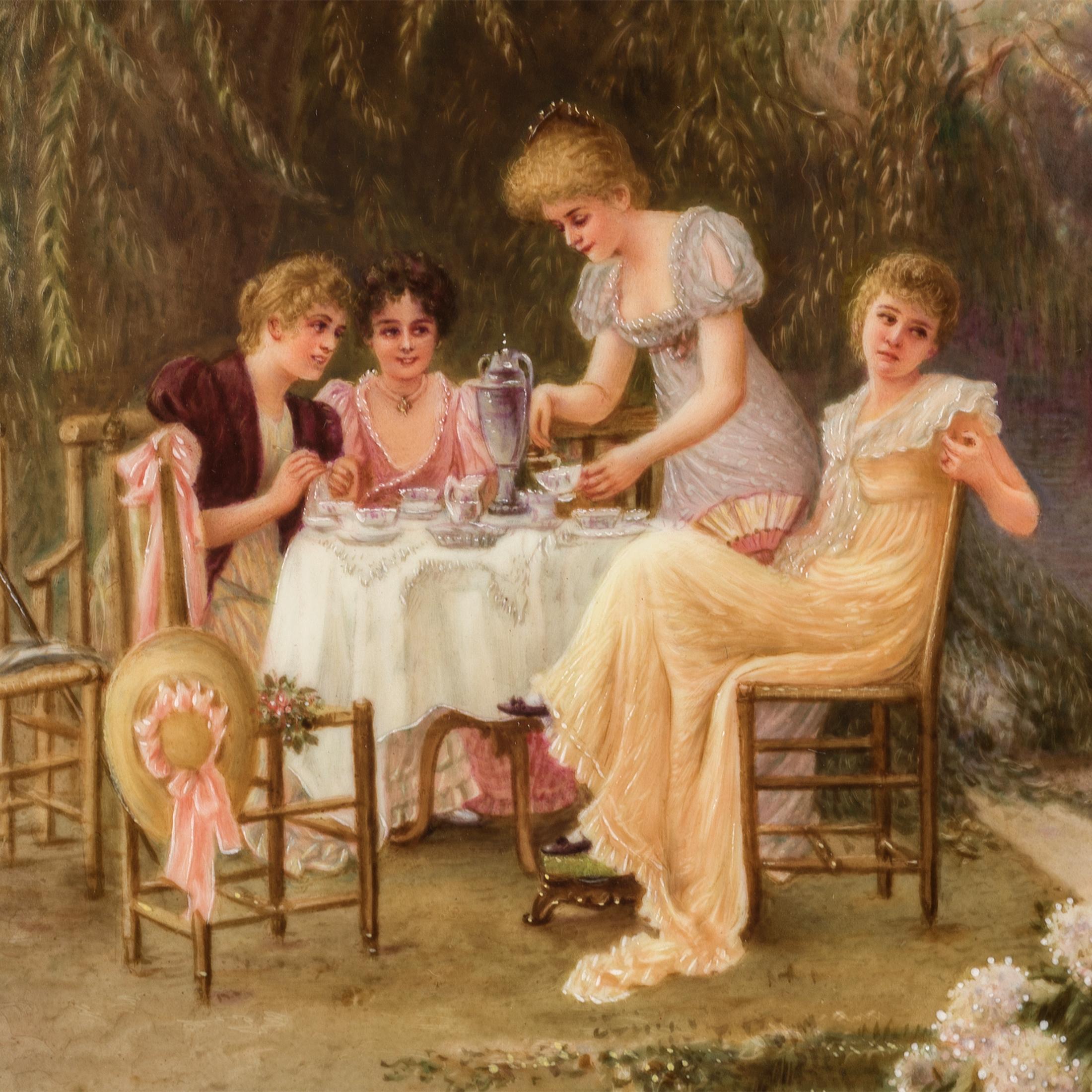 K.P.M. Hand Painted Porcelain Plaque of a Tea Party by Wagner  - Painting by Königliche Porzellan-Manufaktur (KPM)