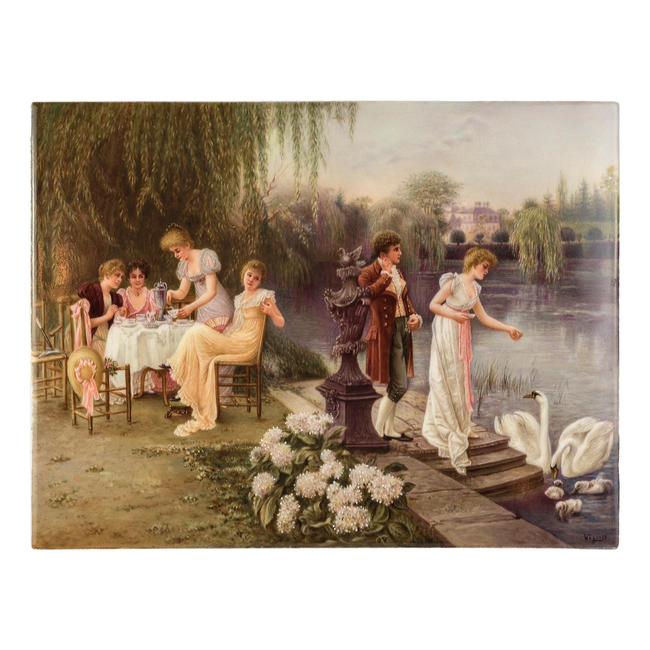 K.P.M. Hand Painted Porcelain Plaque of a Tea Party by Wagner 
