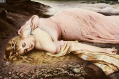 Pittura a olio KPM di una fanciulla esotica spiaggiata.