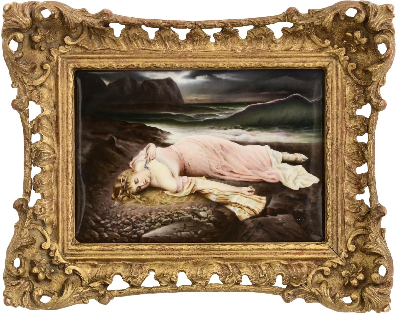 Pittura a olio KPM di una fanciulla esotica spiaggiata. - Painting Art Nouveau di Königliche Porzellan-Manufaktur (KPM)