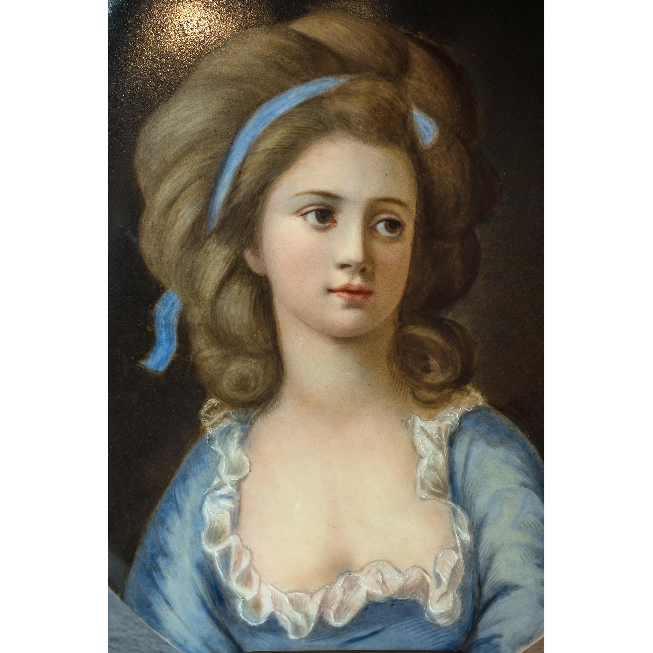 KPM Oval Plaque depicting a Beautiful Lady in Blue Dress - Painting by Königliche Porzellan-Manufaktur (KPM)