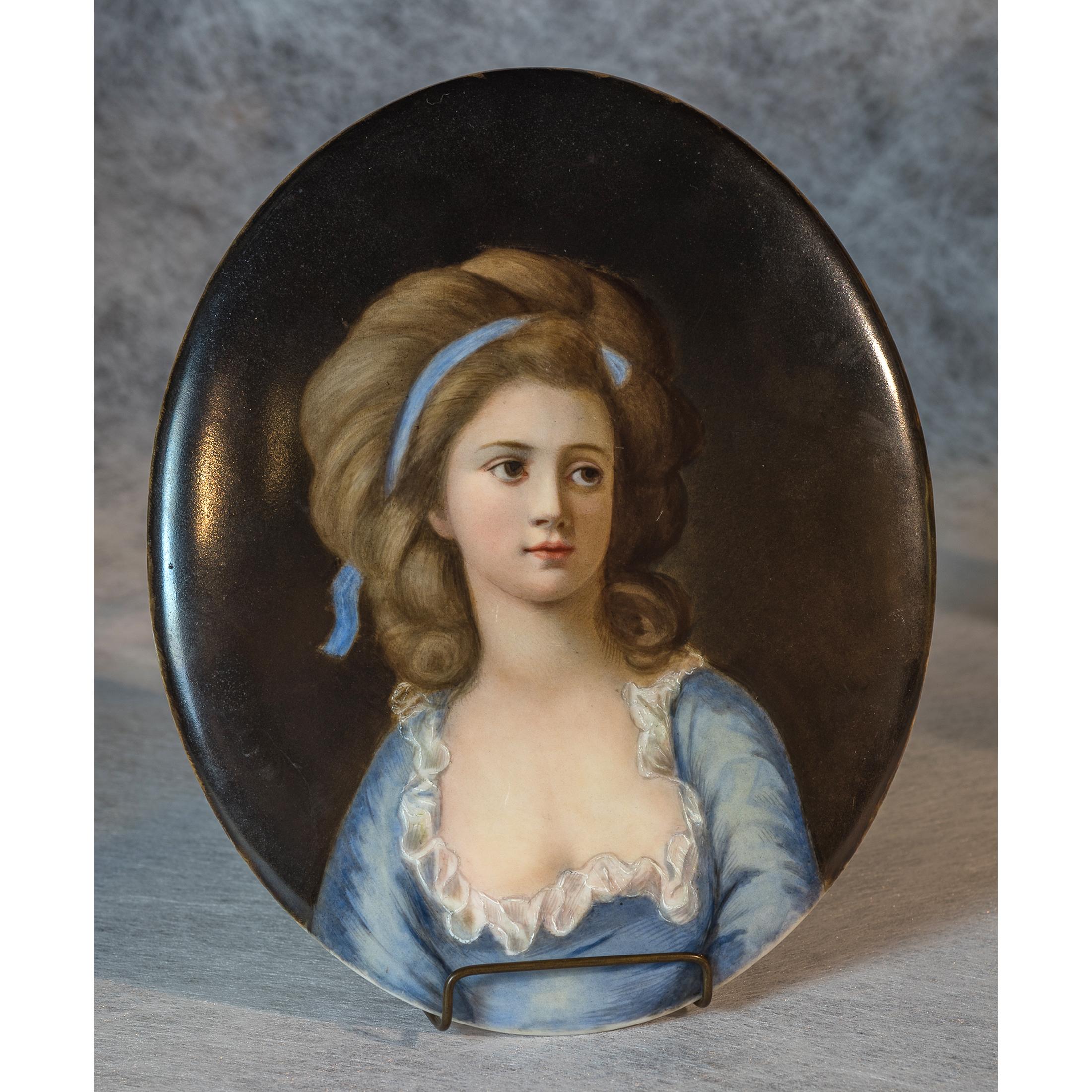 Königliche Porzellan-Manufaktur (KPM) Portrait Painting - KPM Oval Plaque depicting a Beautiful Lady in Blue Dress