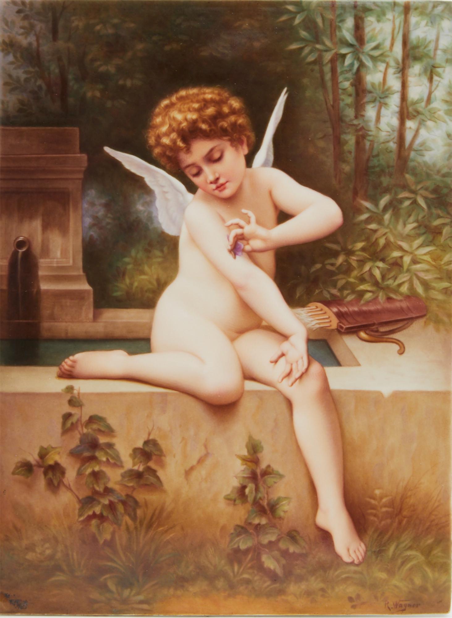 Plaque en porcelaine peinte de KPM intitulée « Amor mit Schmetterling »  - Préraphaélite Painting par Königliche Porzellan-Manufaktur (KPM)