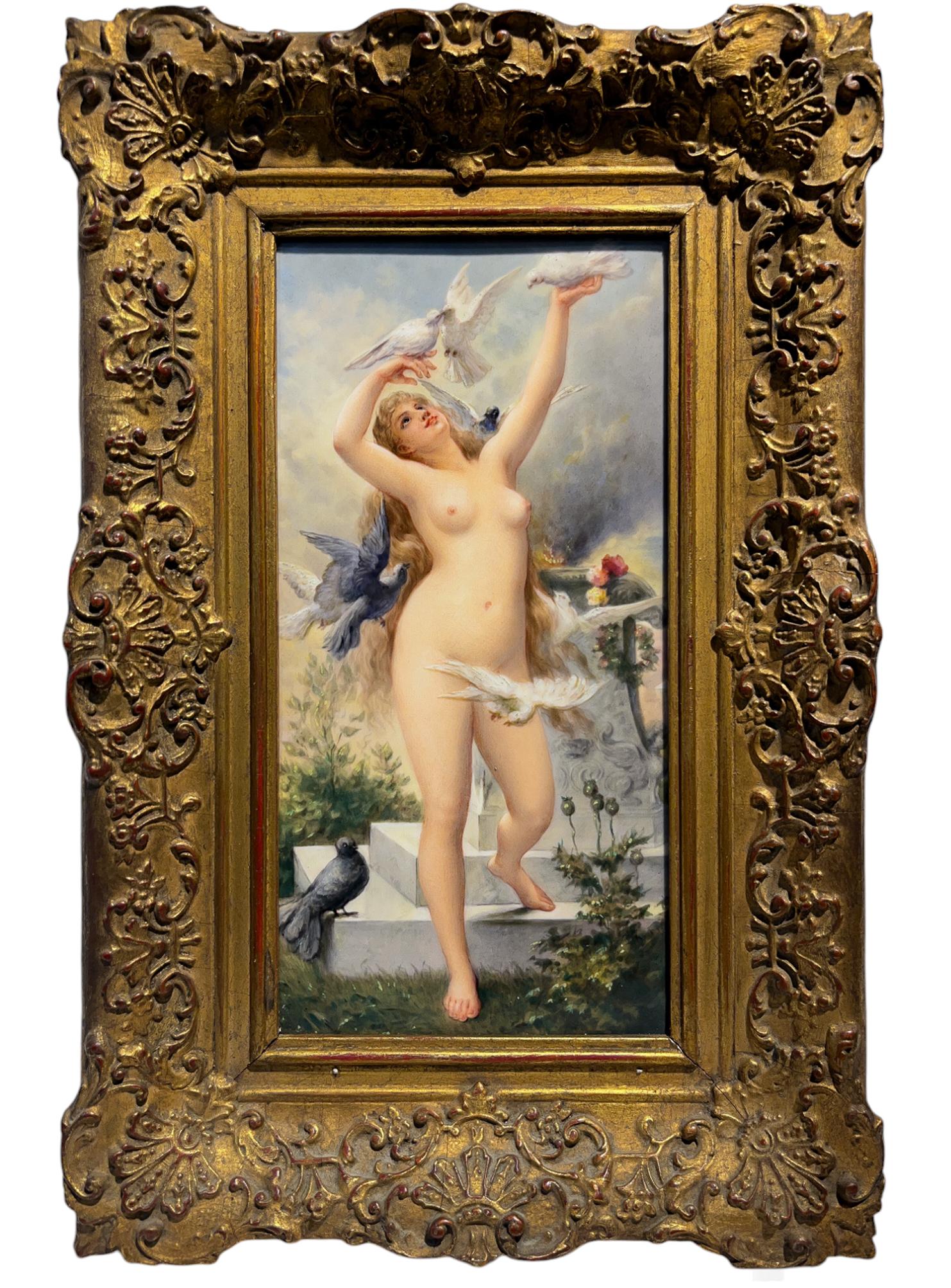Targa in porcellana KPM Porcelain, Donna nuda con uccelli - Painting di Königliche Porzellan-Manufaktur (KPM)