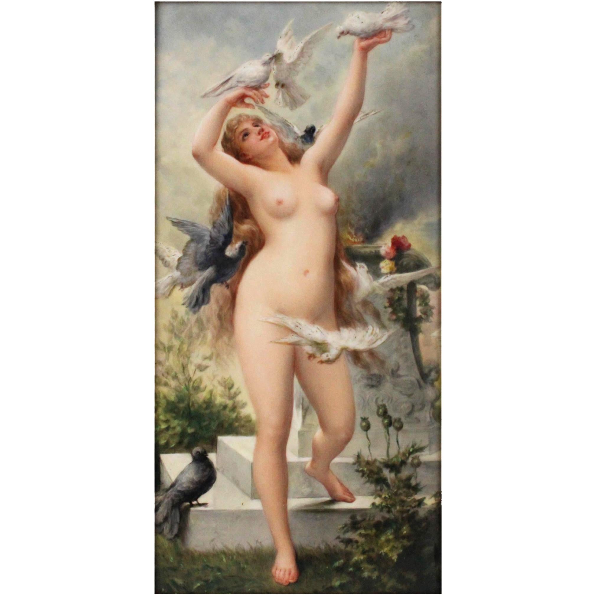 KPM Porcelain Plaque, Femme nue avec oiseaux
