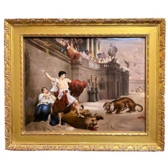Plaque en porcelaine de la KPM représentant un gladiateur combattant un lion et un tigre au Colosseum