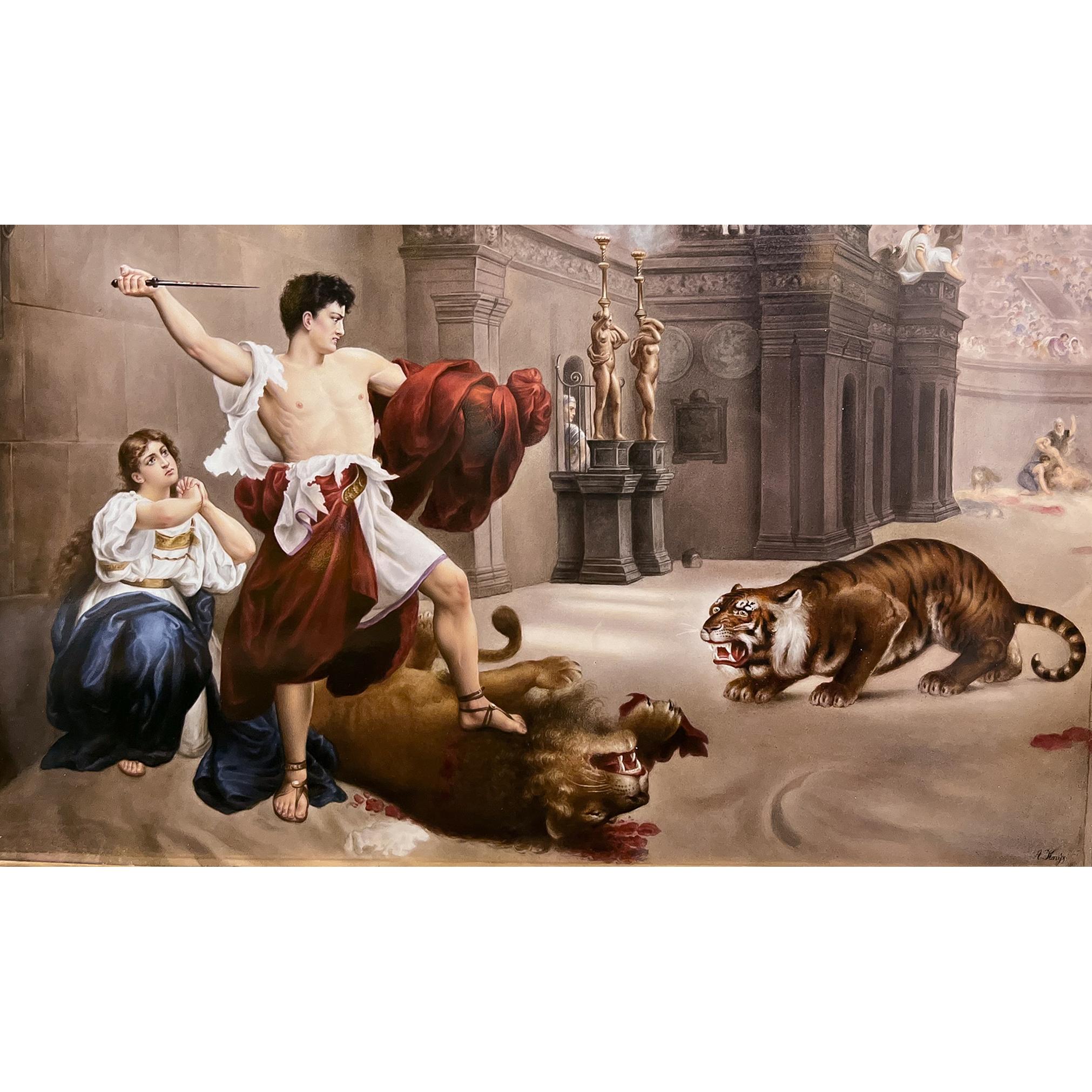 KPM Porcelain Plaque of A Gladiator Battling a Lion and Tiger in the Colosseum - Brown Figurative Painting by Königliche Porzellan-Manufaktur (KPM)