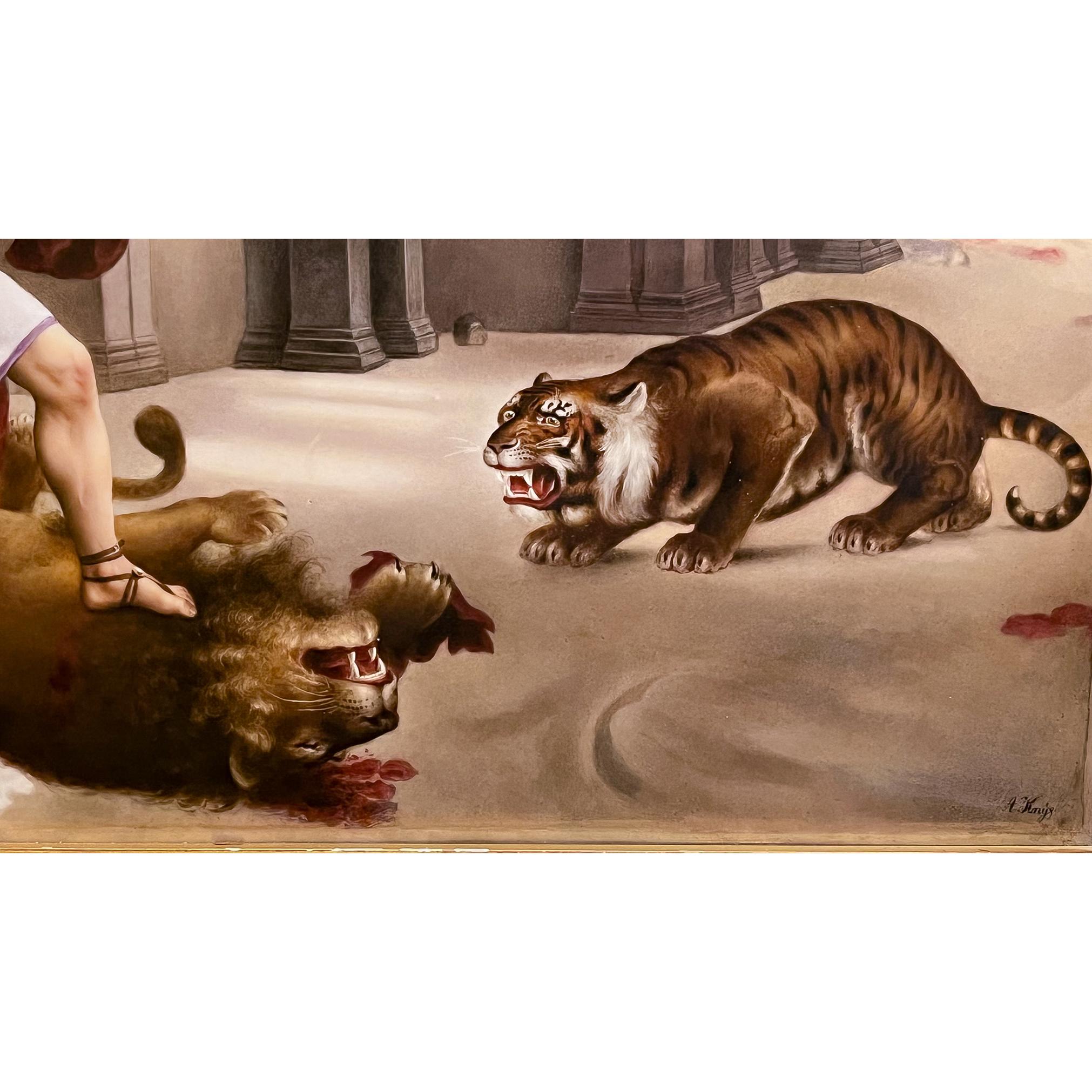 Important KPM Plaque of a Gladiator Battling a Lion and Tiger in a Colosseum. A woman in distress cowers behind the gladiator as he surmounts his recently slain lion, readying himself to battle the tiger that crouches before him. 

Dimensions: 16