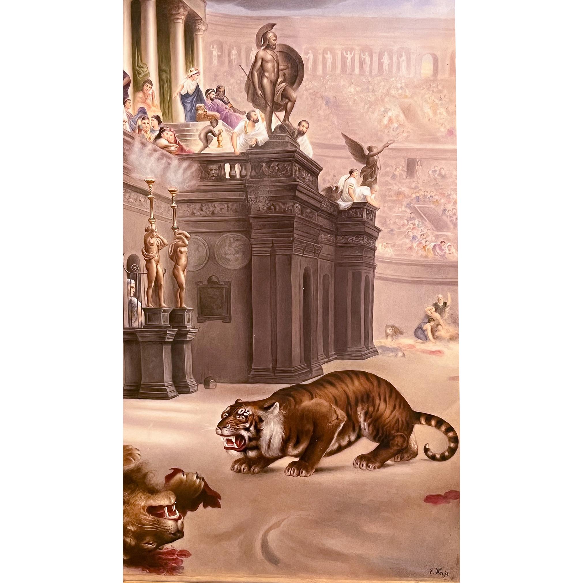 KPM Porcelain Plaque of A Gladiator Battling a Lion and Tiger in the Colosseum For Sale 2