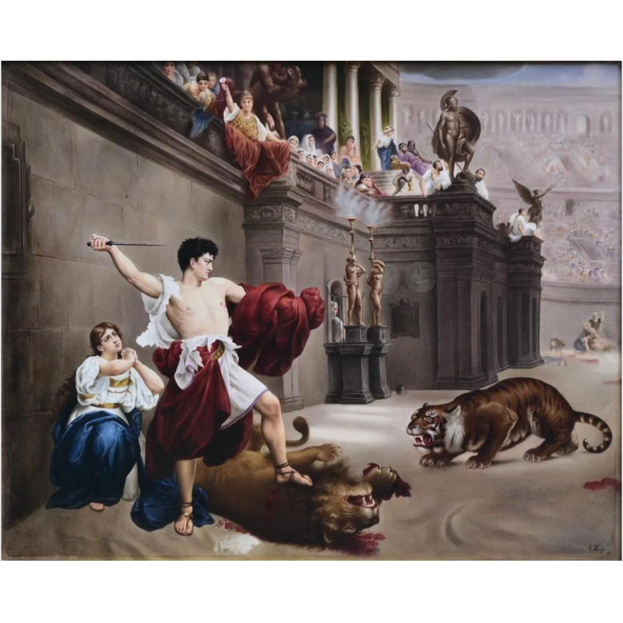 KPM Porcelain Plaque of A Gladiator Battling a Lion and Tiger in the Colosseum - Painting by Königliche Porzellan-Manufaktur (KPM)