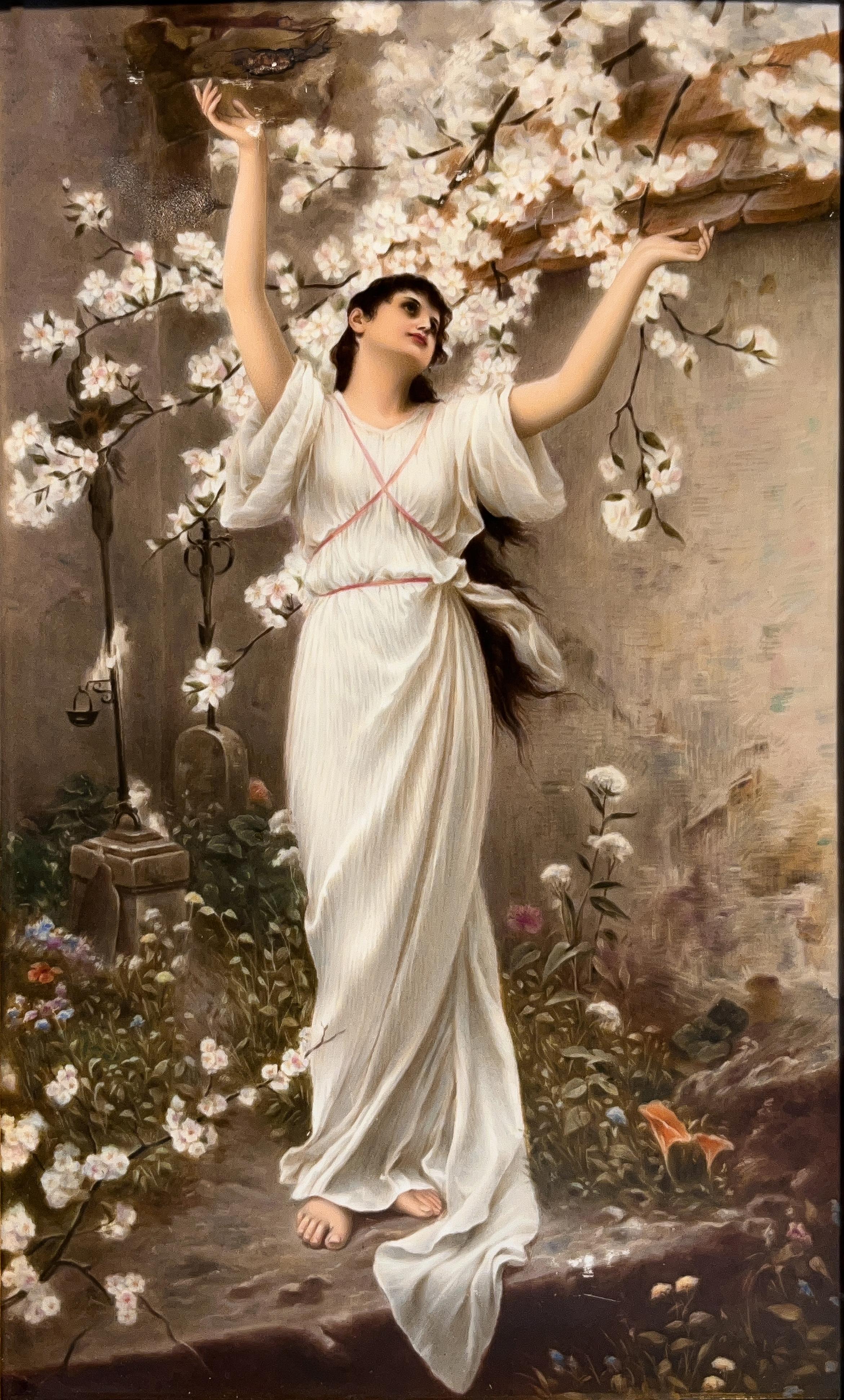 Antigua placa de KPM Porcelain que representa una de las siete virtudes Esperanza. Aparece vestida de blanco, de pie bajo un cerezo en flor. 

Totalmente marcado

Giltwood Enmarcado

Dimensiones: Placa-13