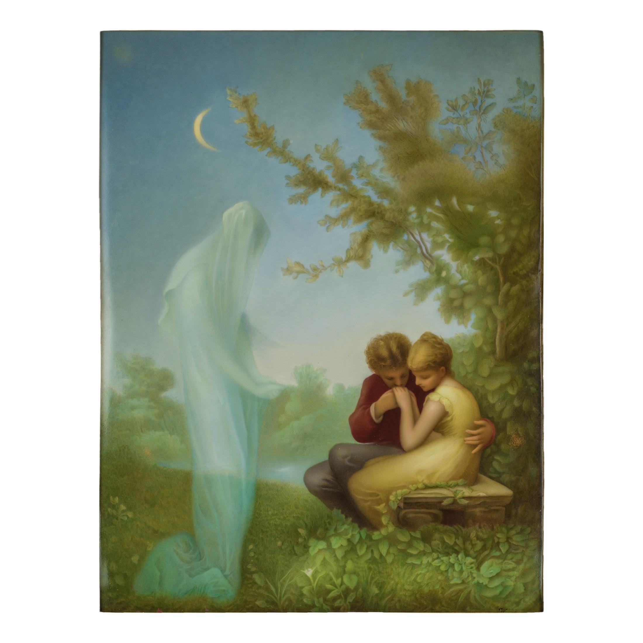 Painted Berlin K.P.M. Porcelain Plaque of Veiled Spirit Gazing Upon Young Lovers - Painting by Königliche Porzellan-Manufaktur (KPM)