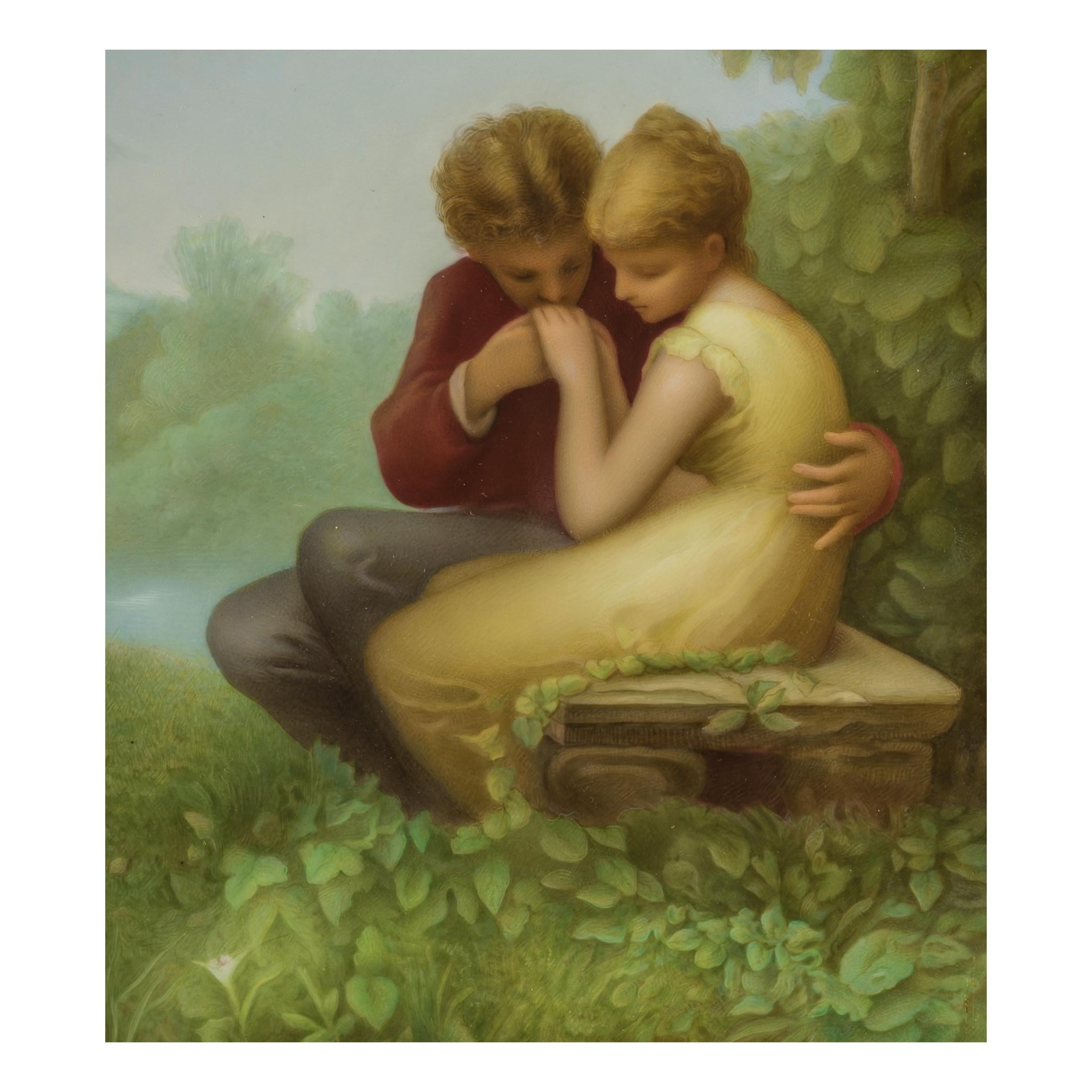 Painted Berlin K.P.M. Porcelain Plaque of Veiled Spirit Gazing Upon Young Lovers - Brown Landscape Painting by Königliche Porzellan-Manufaktur (KPM)