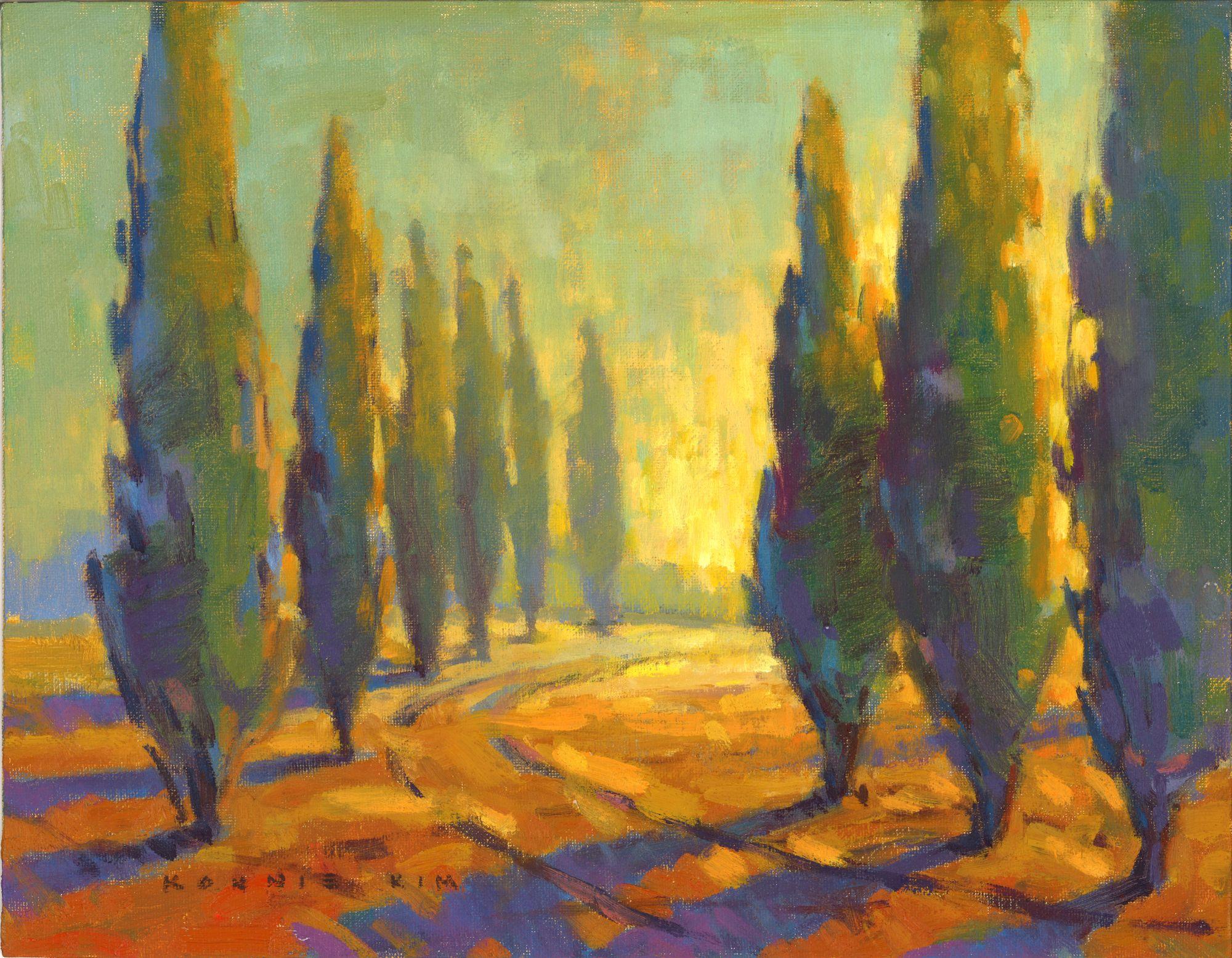 Cypress Sunset, peinture, huile sur toile - Painting de Konnie Kim