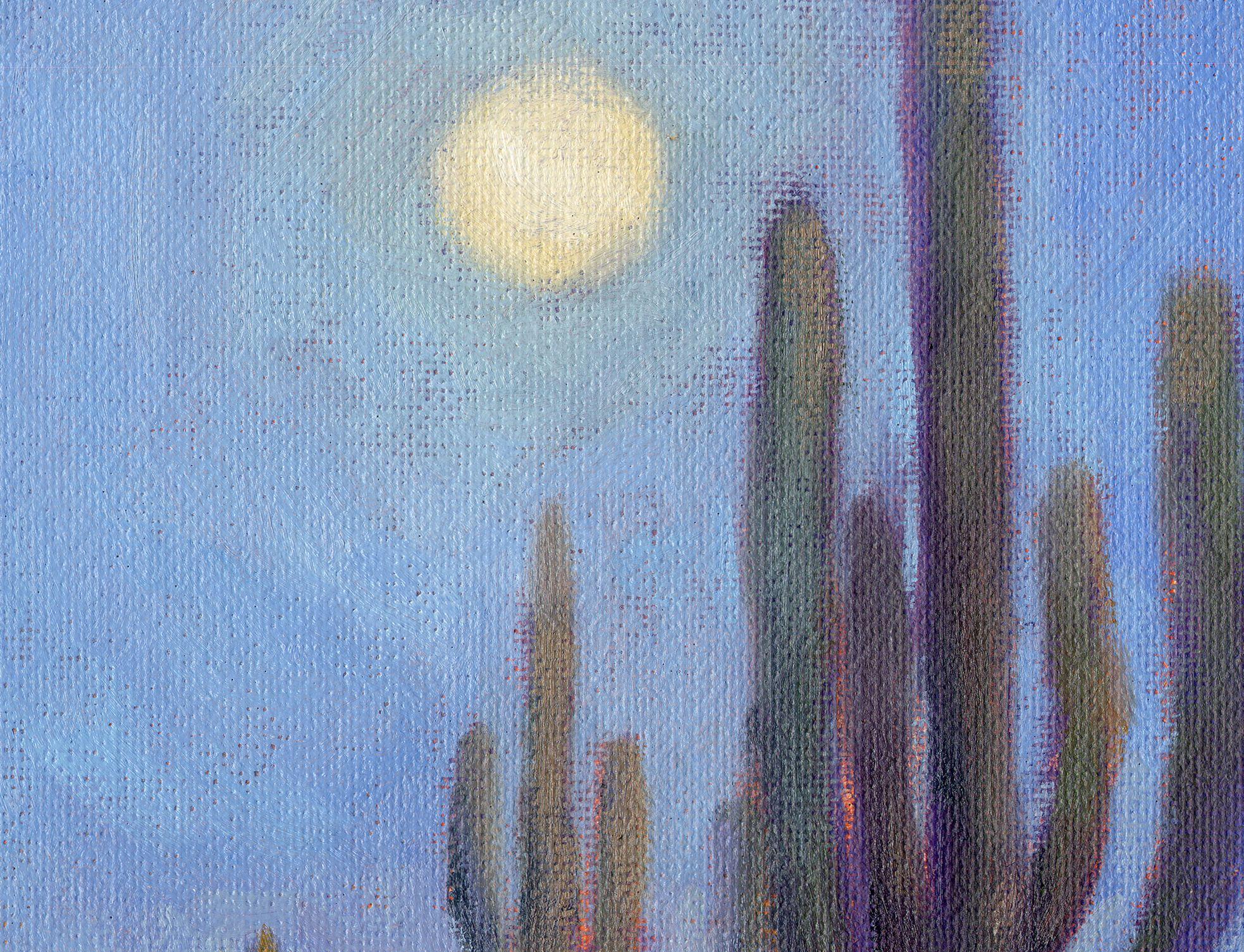 Moonlit Saguaros, Painting, Oil on Canvas For Sale 2