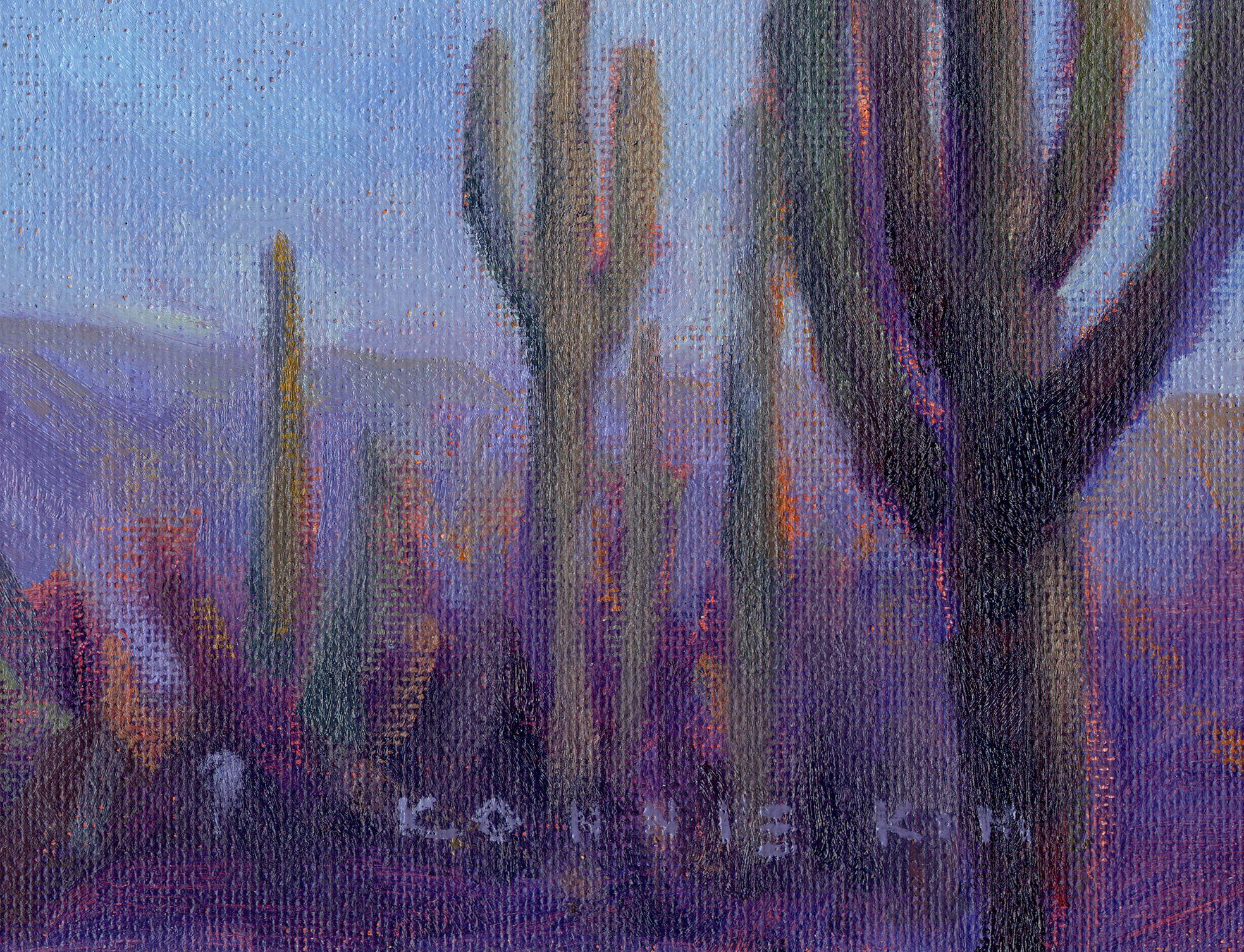 Moonlit Saguaros, Painting, Oil on Canvas For Sale 3