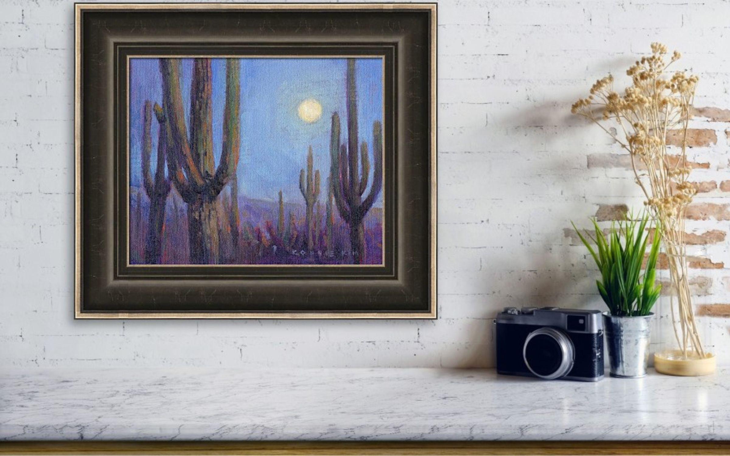 Moonlit Saguaros, Painting, Oil on Canvas For Sale 4