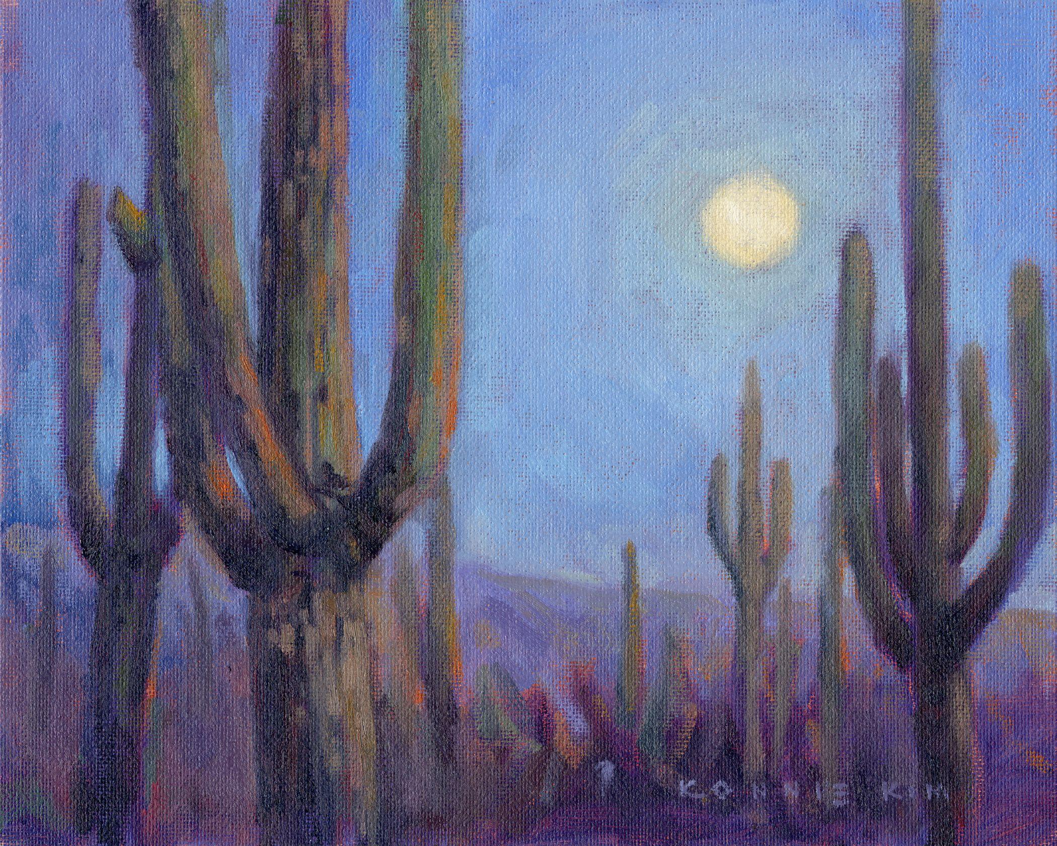 Konnie Kim Landscape Painting - Moonlit Saguaros, Painting, Oil on Canvas