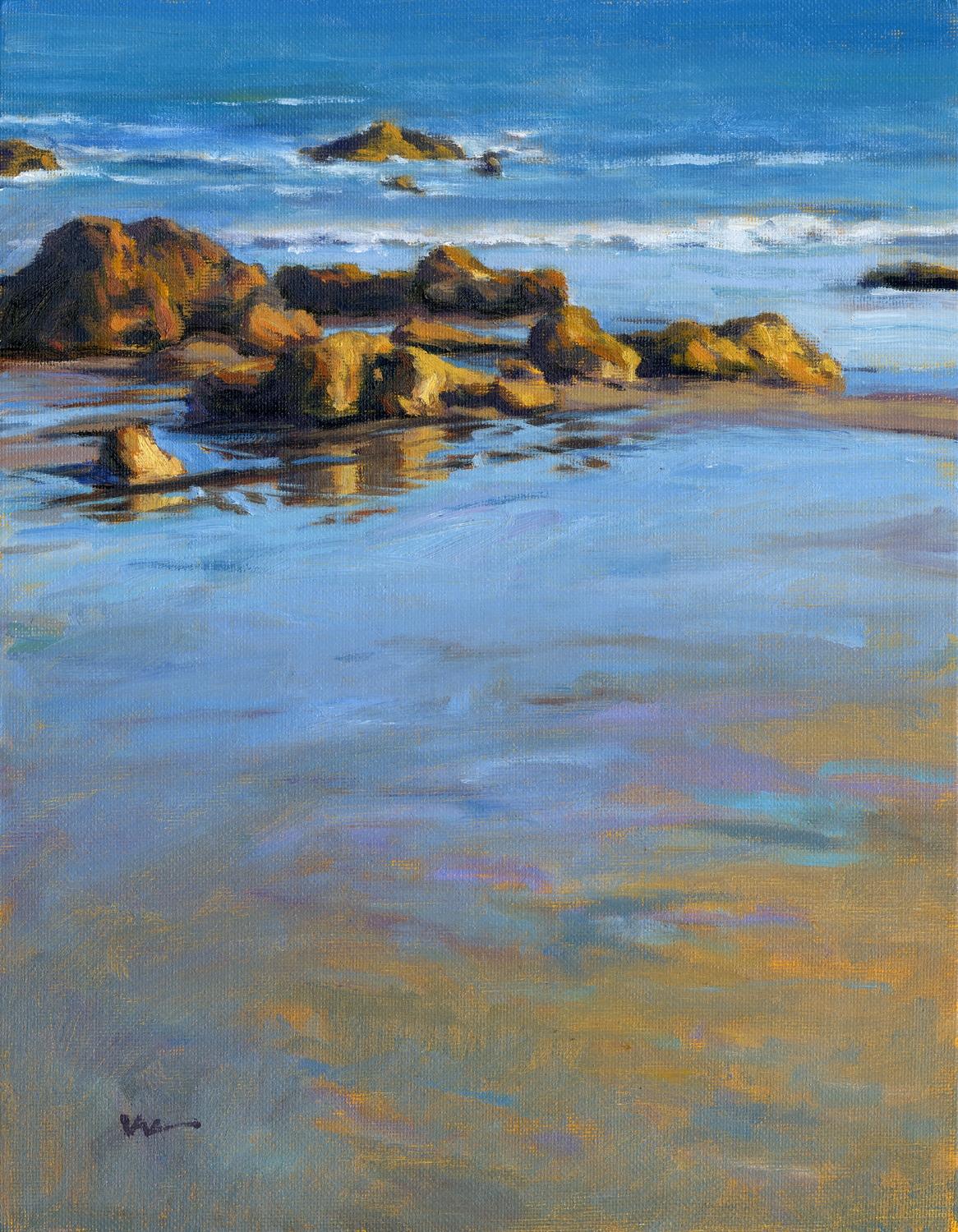 original oil on canvas panel  11 x 14 in / 27.94 x 35.56 cm     Beautiful reflections of the rocks at El Matador (near Malibu), California...    This painting was based on studies I painted on location and photographs I captured on a memorable