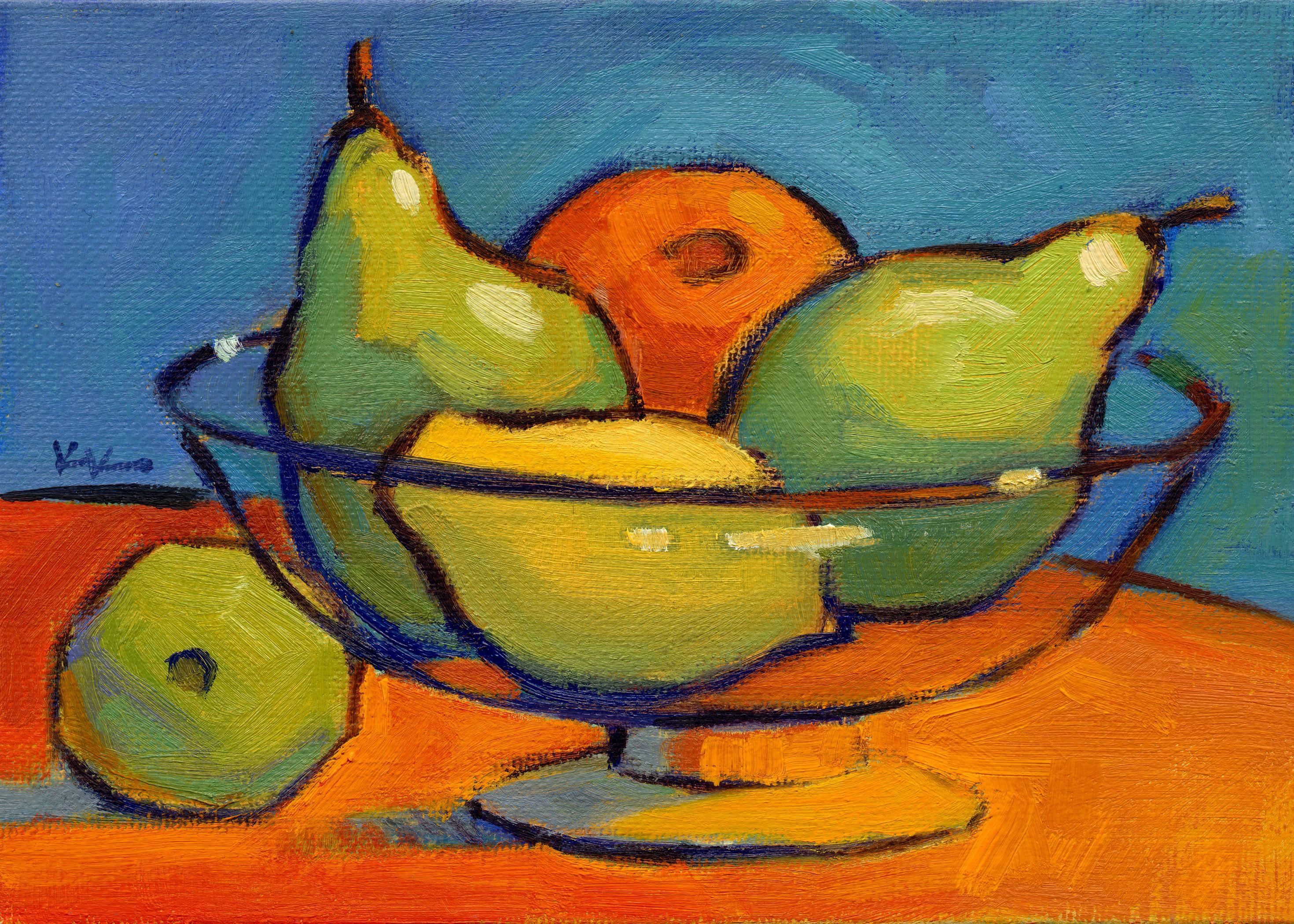 Poires et amis, peinture, huile sur toile - Painting de Konnie Kim