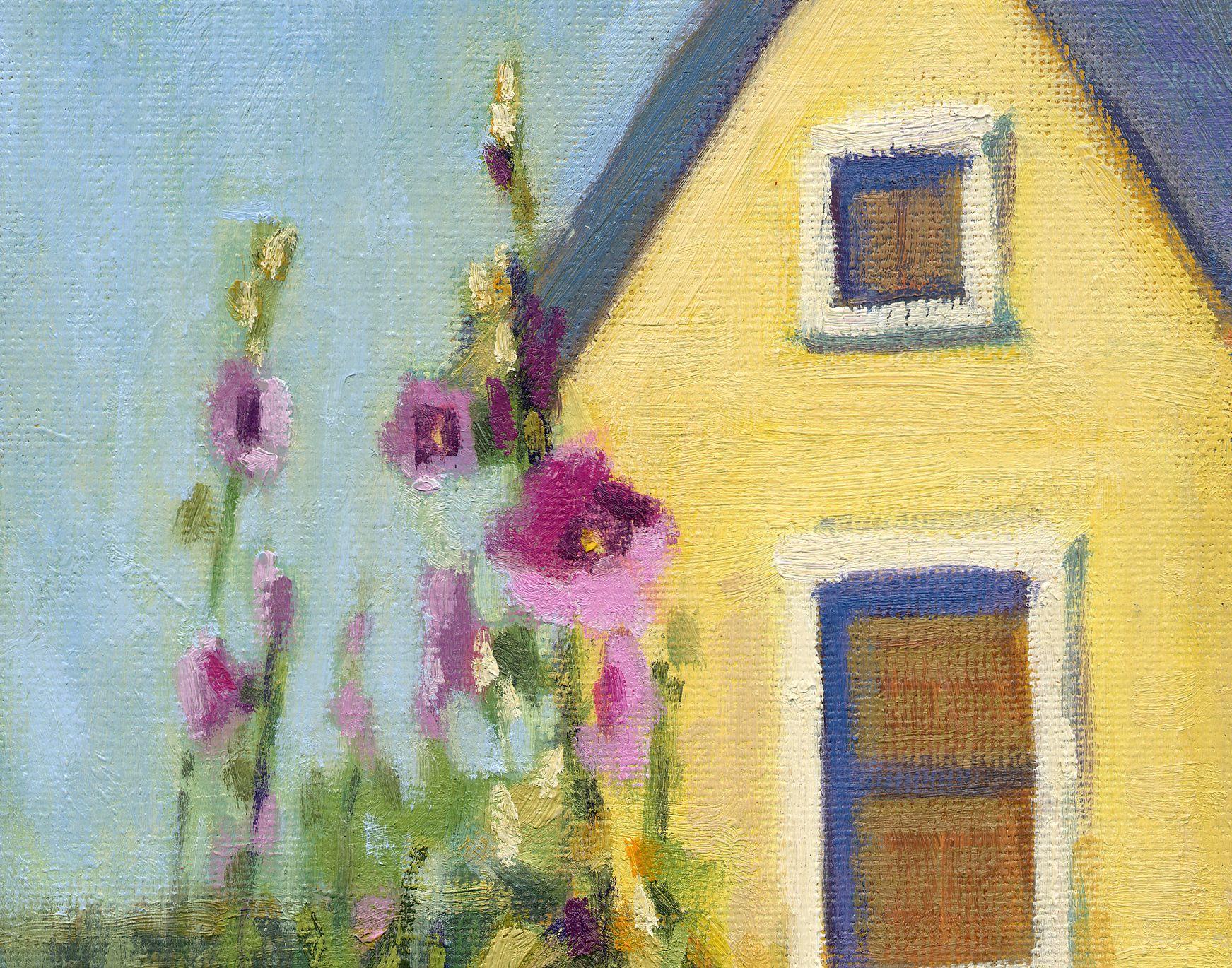 Elle aime les roses trémières, peinture, huile sur toile - Impressionnisme Painting par Konnie Kim