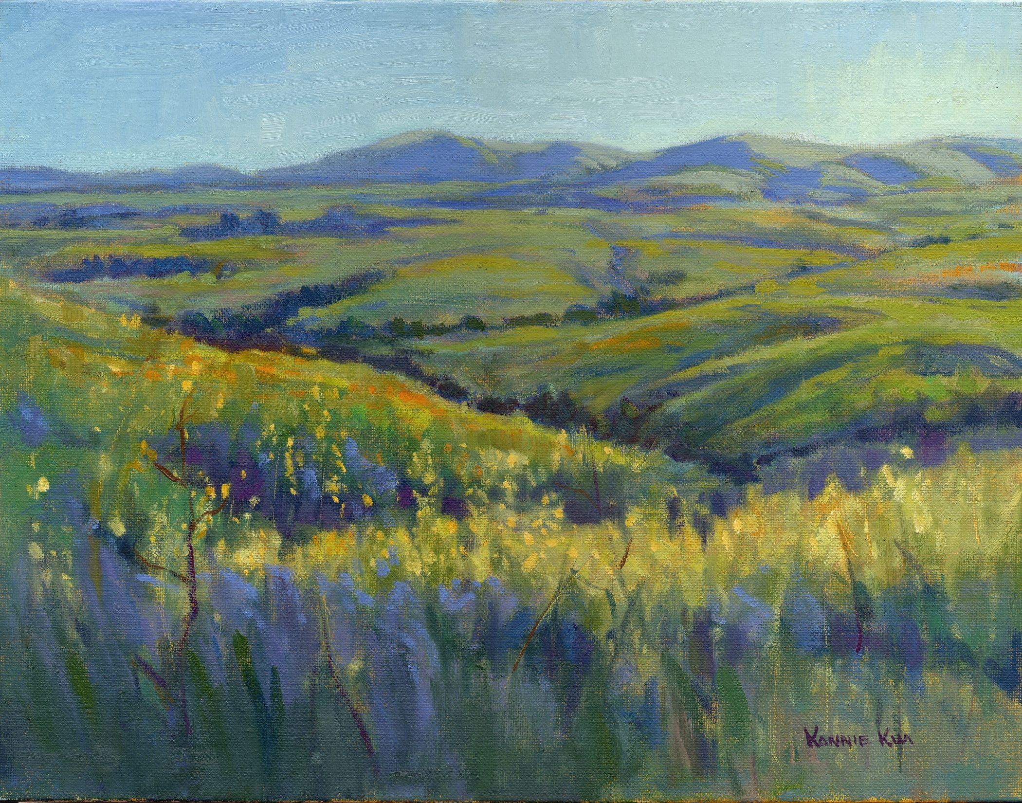 The small series of 'Super Bloom" painting were inspired by many hikes I took in Southern California. Due to the unusual amount of rain we had in the Spring of 2017, the usually golden brown rolling hills turned orange, yellow, green and purple!