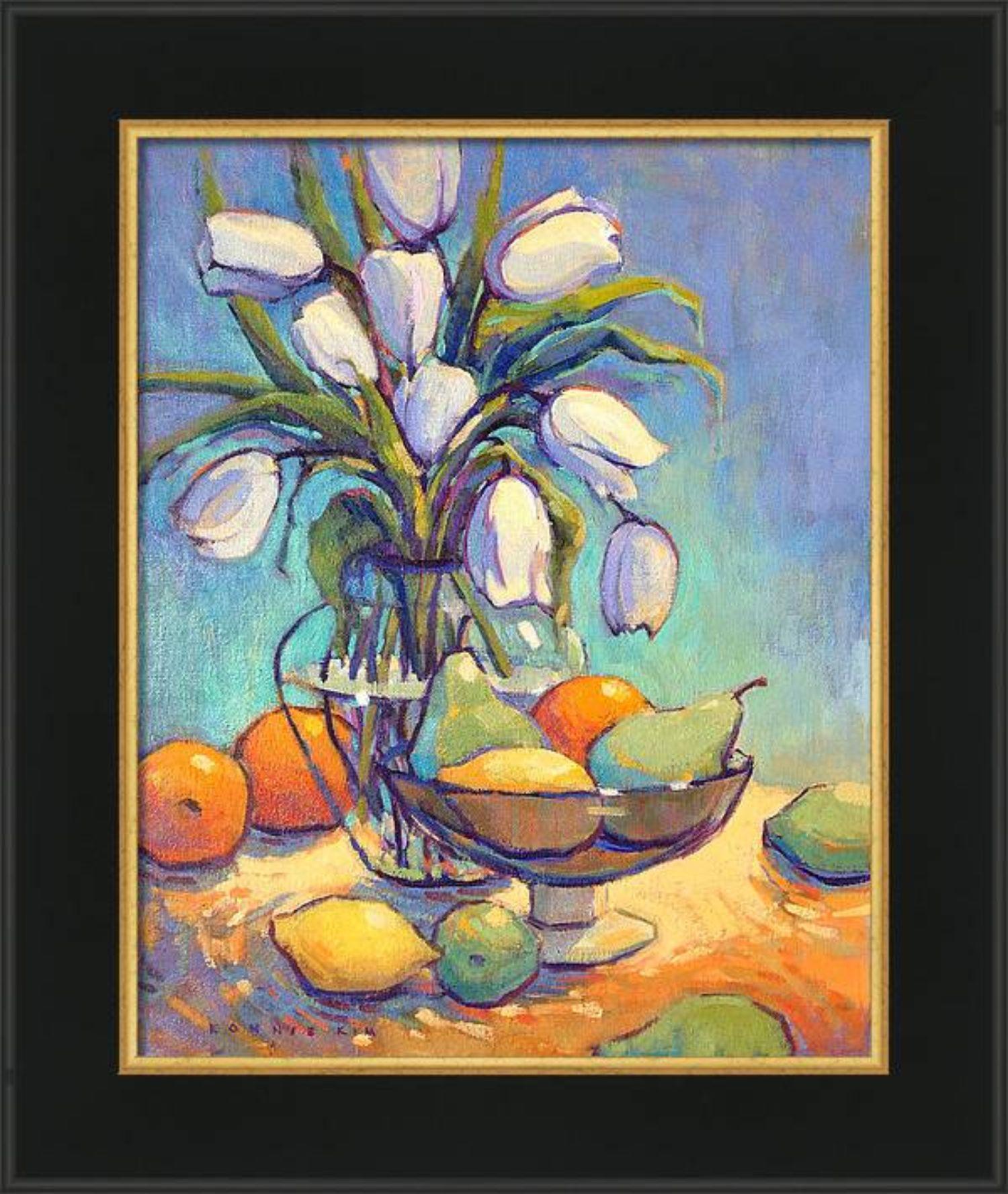 Weiße Tulpen und Früchte, Gemälde, Öl auf Leinwand im Angebot 1