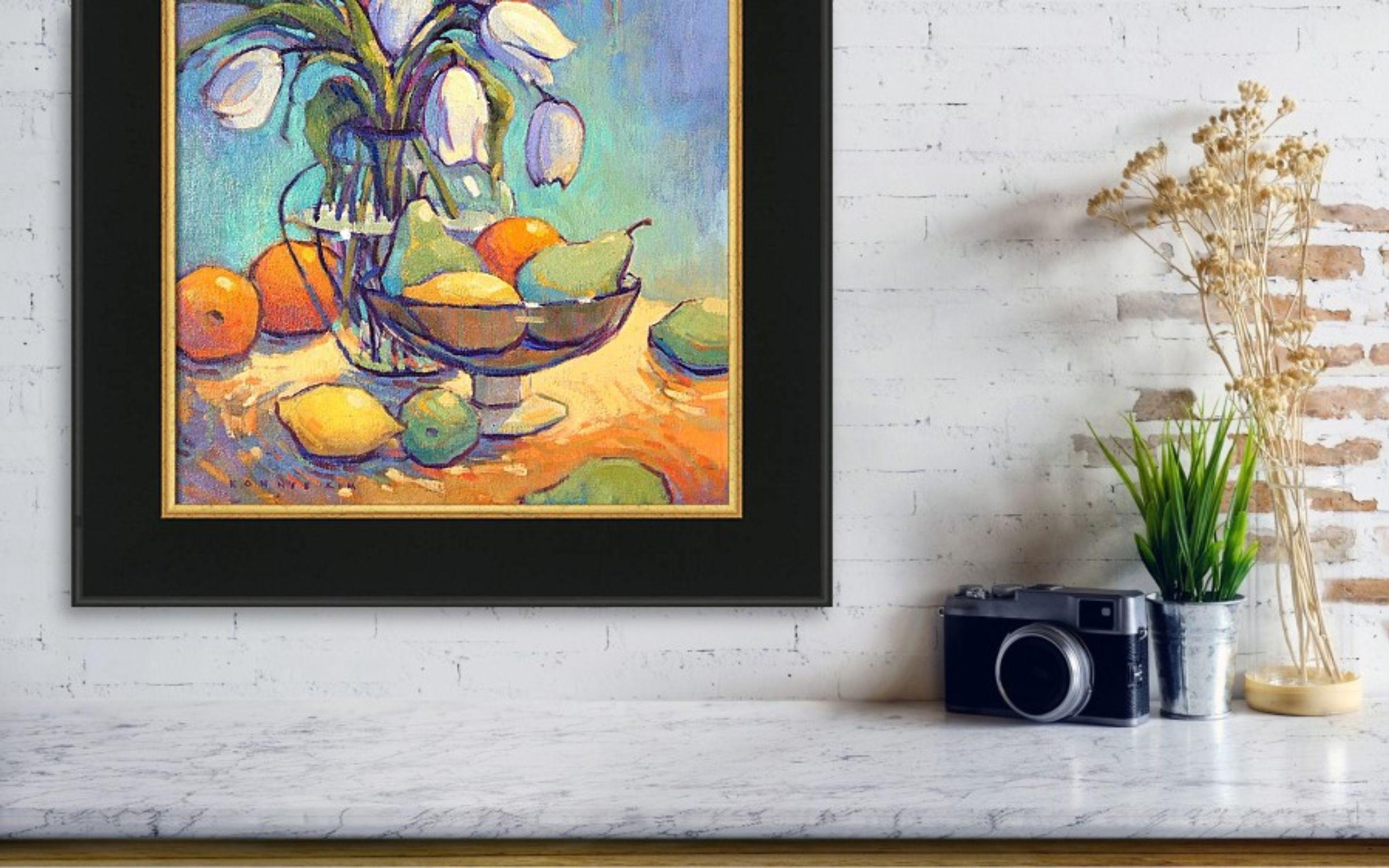 Weiße Tulpen und Früchte, Gemälde, Öl auf Leinwand im Angebot 2