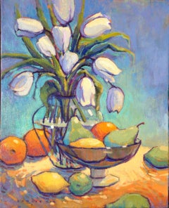 White Tulips and Fruits, Painting, Oil on Canvas