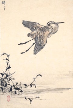 Antique Japanese Woodblock Print- Wading Bird in Flight
