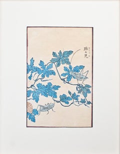 Antique Kirigusu "Chatty Crickets, " Original Botanical Color Woodcut by Kono Bairei